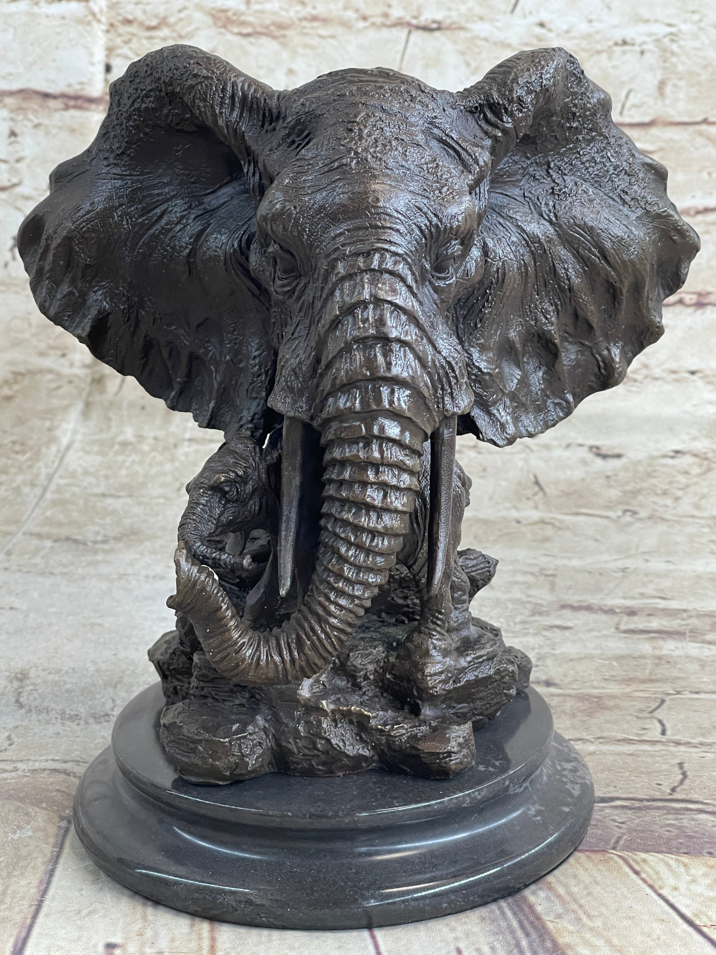Original Striking Massive Elephant Head Bust with Baby Bronze Sculpture Statue