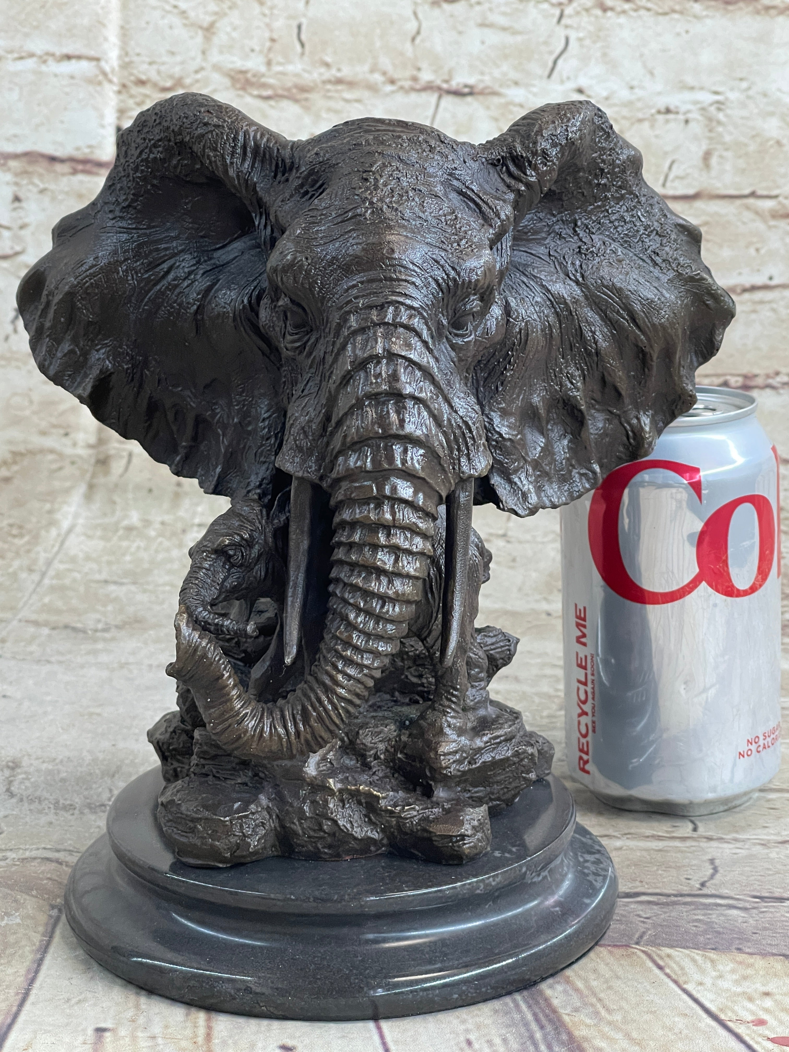 Original Striking Massive Elephant Head Bust with Baby Bronze Sculpture Statue