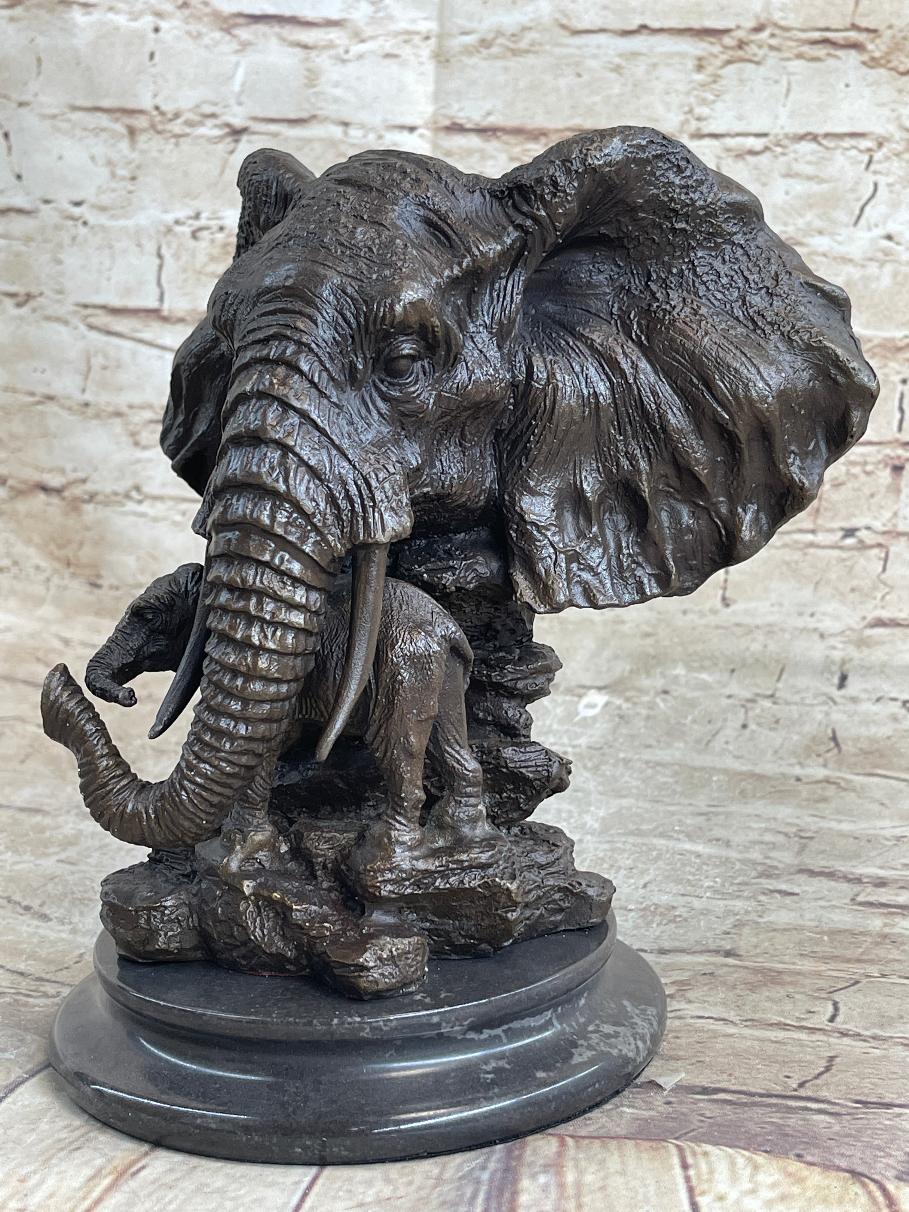 Original Striking Massive Elephant Head Bust with Baby Bronze Sculpture Statue