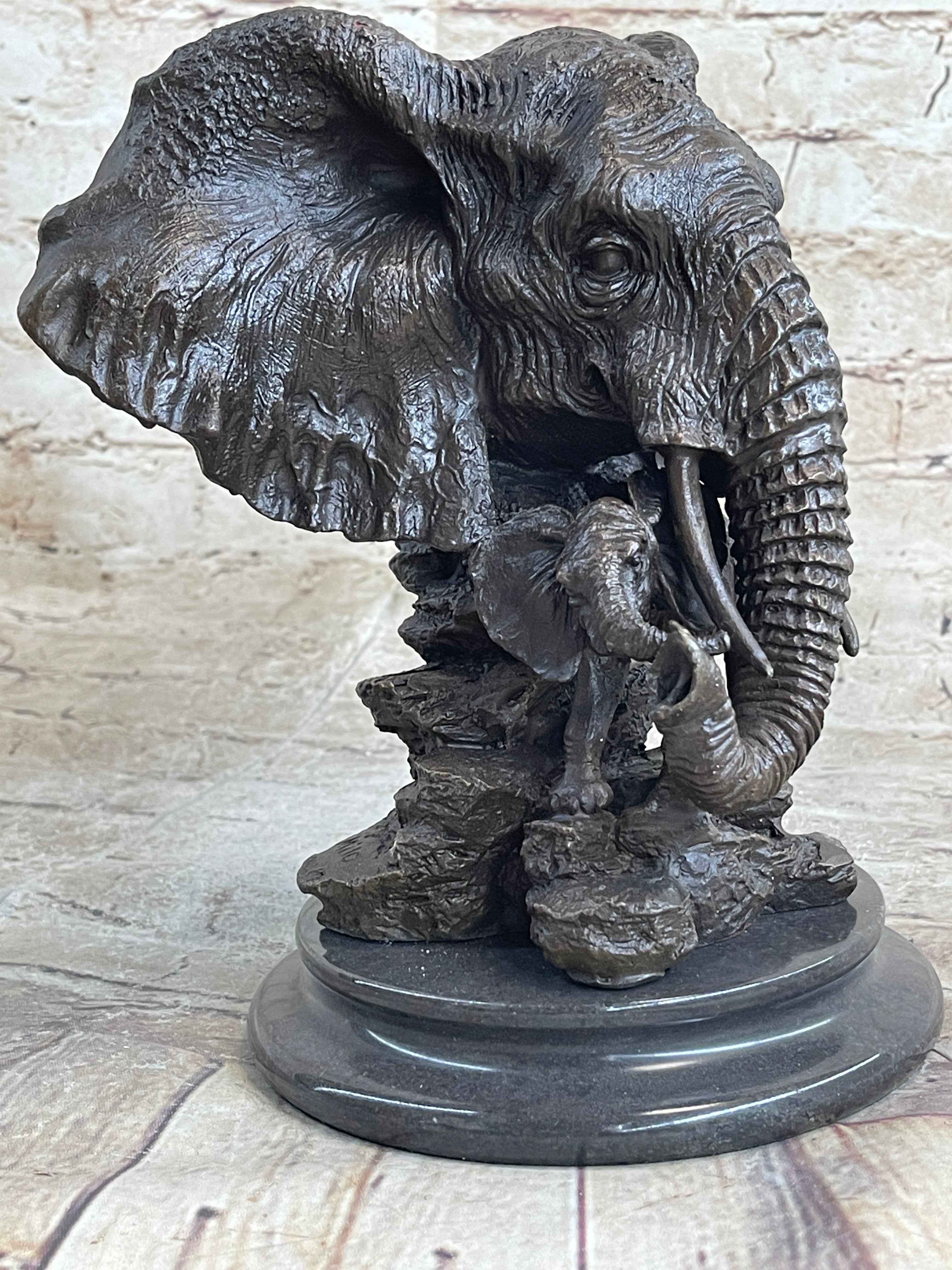 Original Striking Massive Elephant Head Bust with Baby Bronze Sculpture Statue