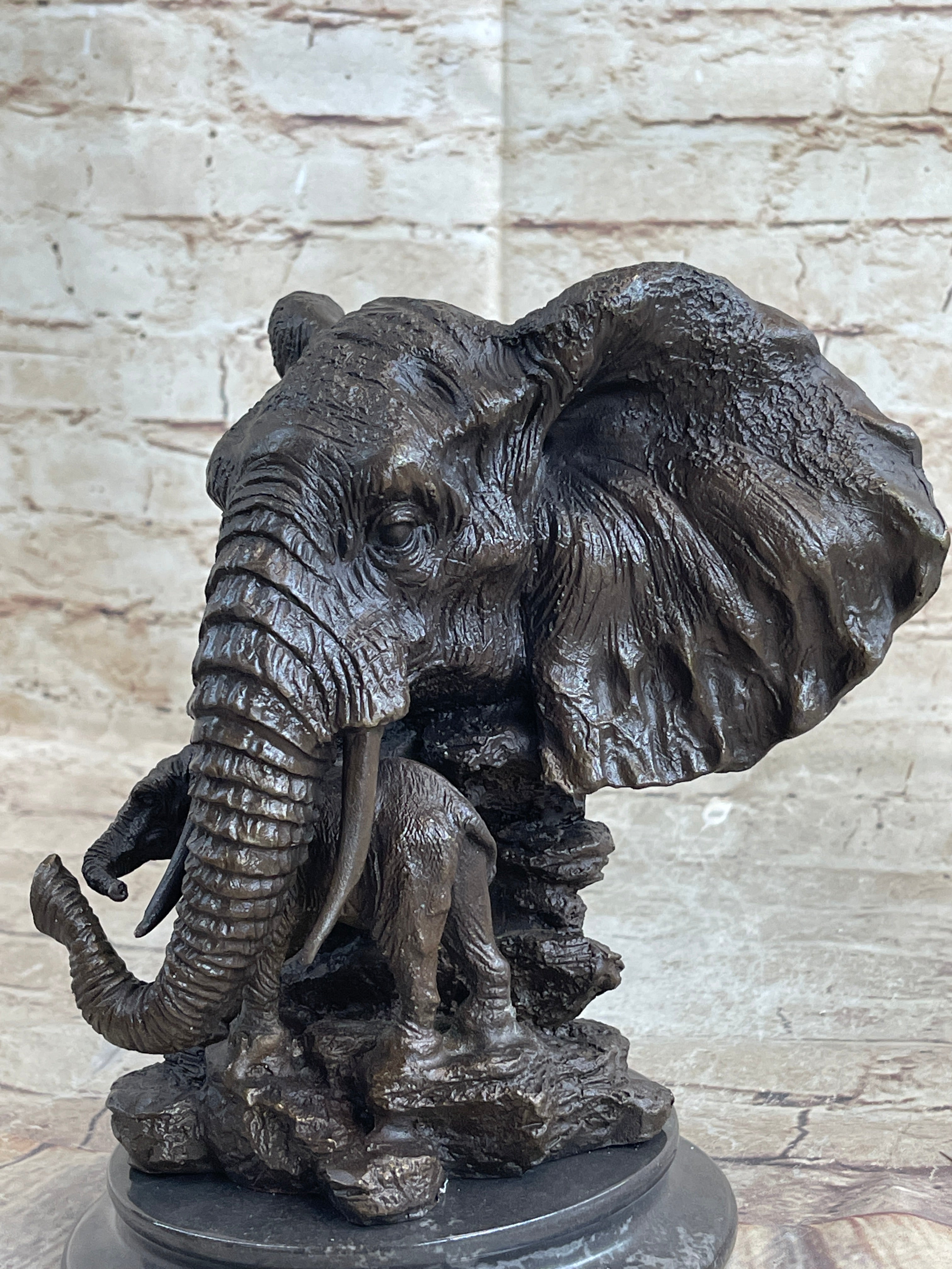 Original Striking Massive Elephant Head Bust with Baby Bronze Sculpture Statue