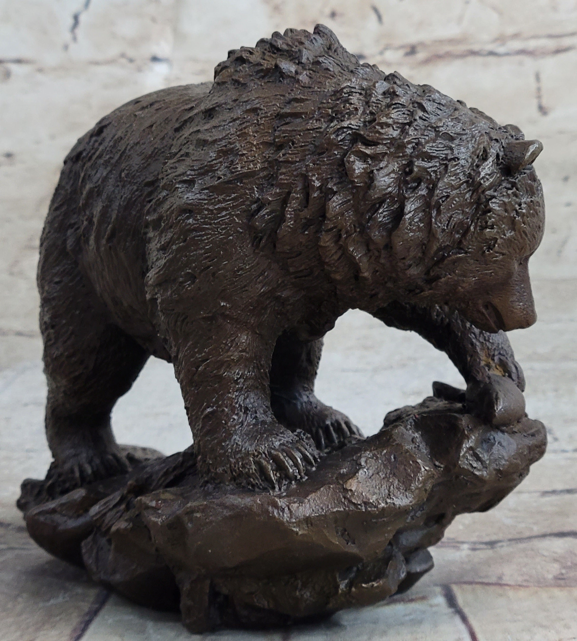 Original Burly Black Bear with His fish Dinner Bronze Sculpture Statue Figurine
