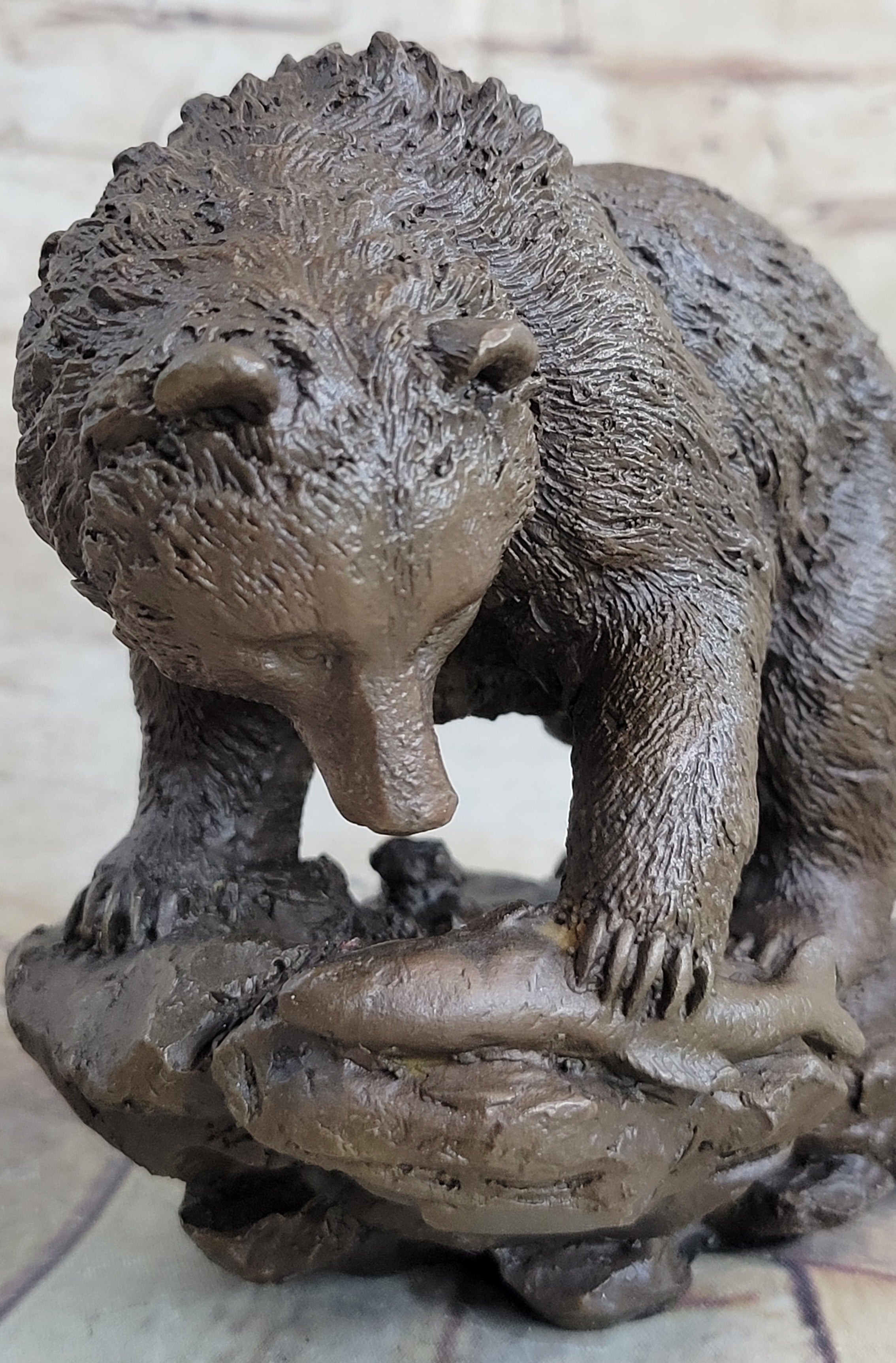 Original Burly Black Bear with His fish Dinner Bronze Sculpture Statue Figurine
