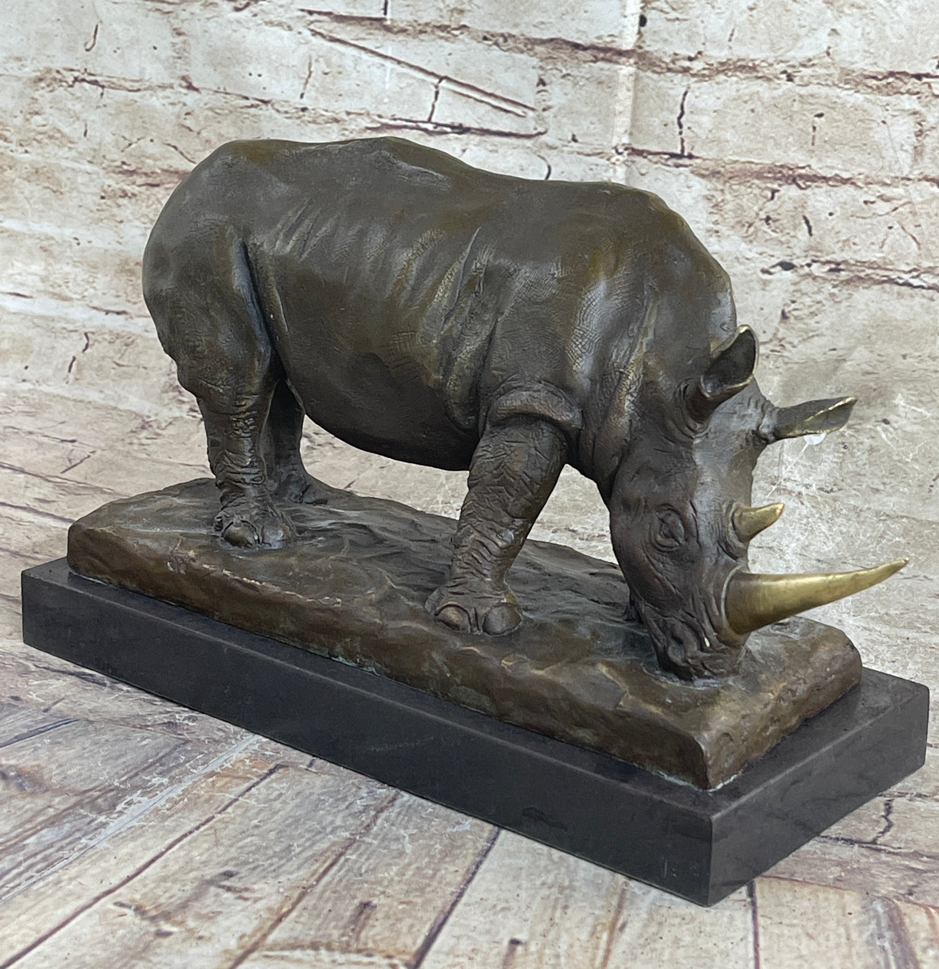 Bronze Metal Rhinoceros Rhino Statue Sculpture Figure Marble Base Barye Art 9" x 14"