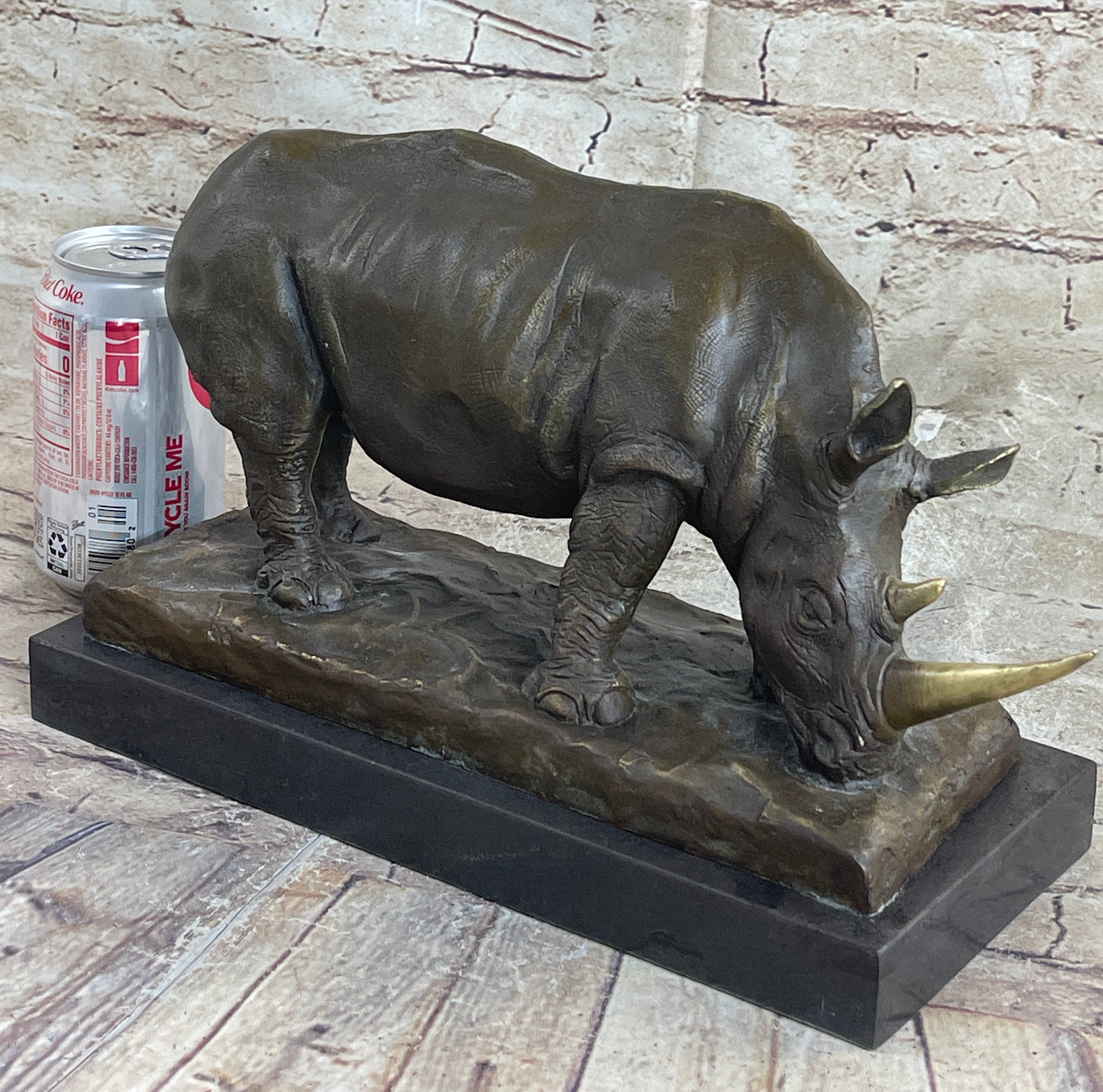 Bronze Metal Rhinoceros Rhino Statue Sculpture Figure Marble Base Barye Art 9" x 14"