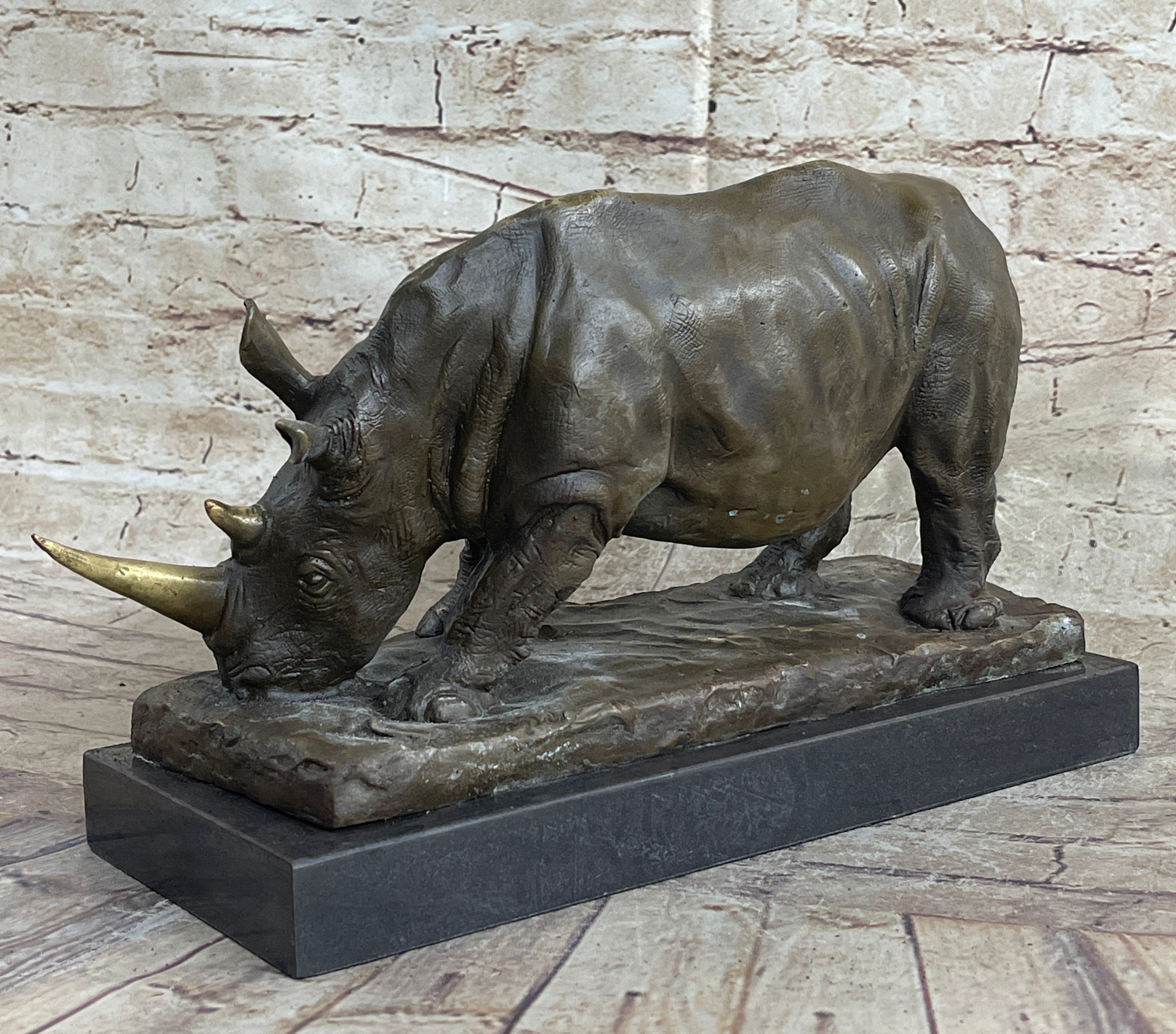 Bronze Metal Rhinoceros Rhino Statue Sculpture Figure Marble Base Barye Art 9" x 14"