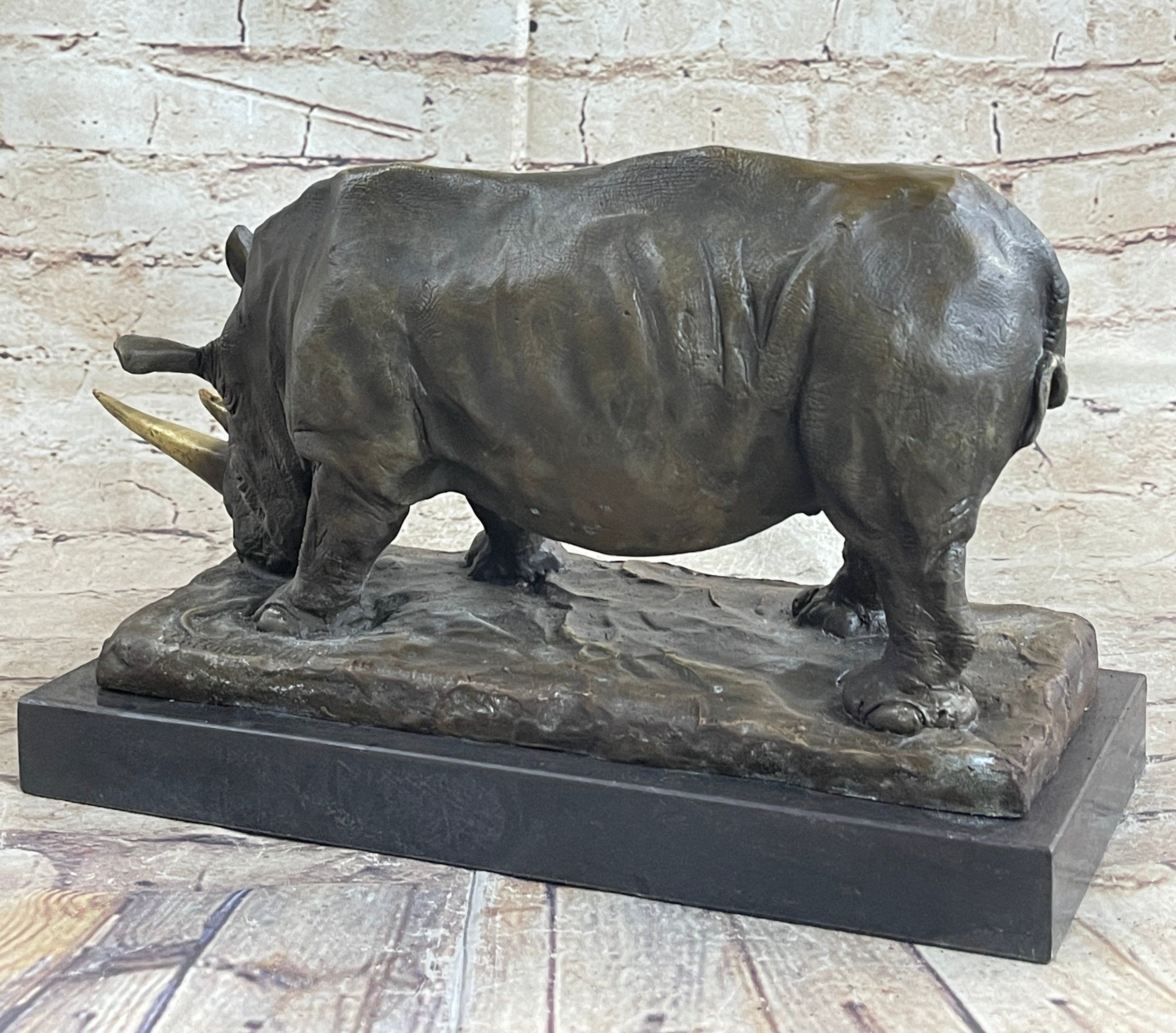 Bronze Metal Rhinoceros Rhino Statue Sculpture Figure Marble Base Barye Art 9" x 14"