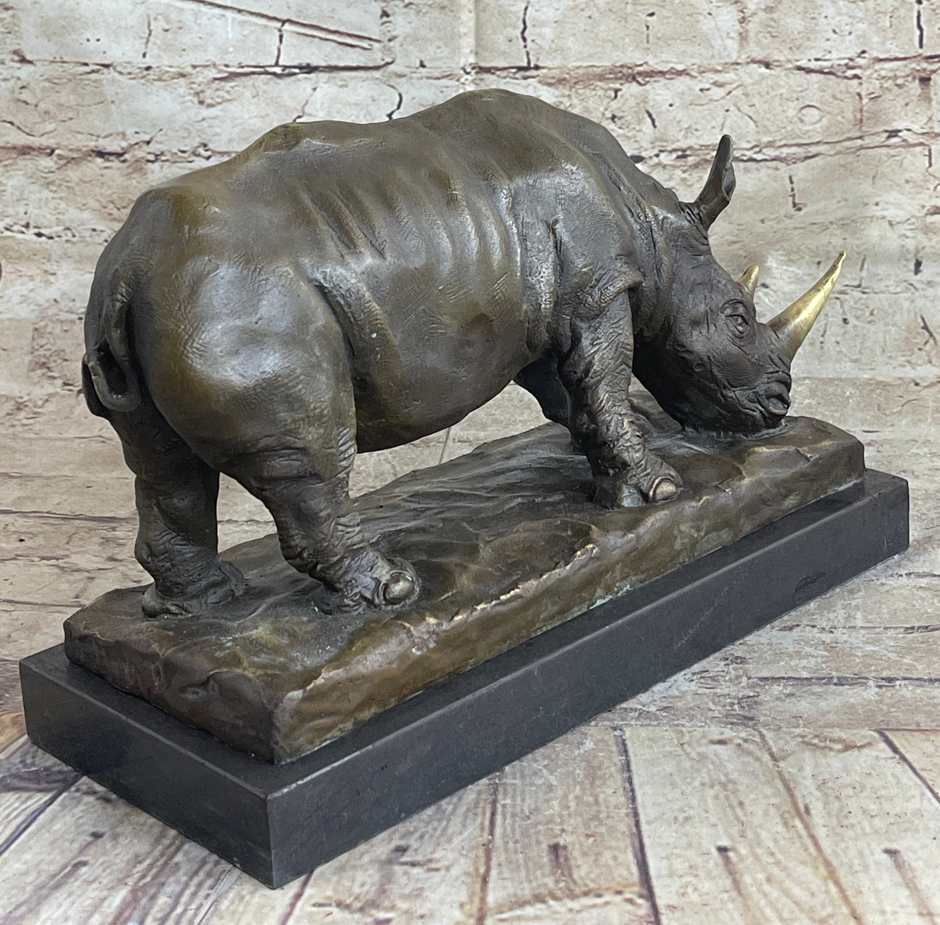 Bronze Metal Rhinoceros Rhino Statue Sculpture Figure Marble Base Barye Art 9" x 14"
