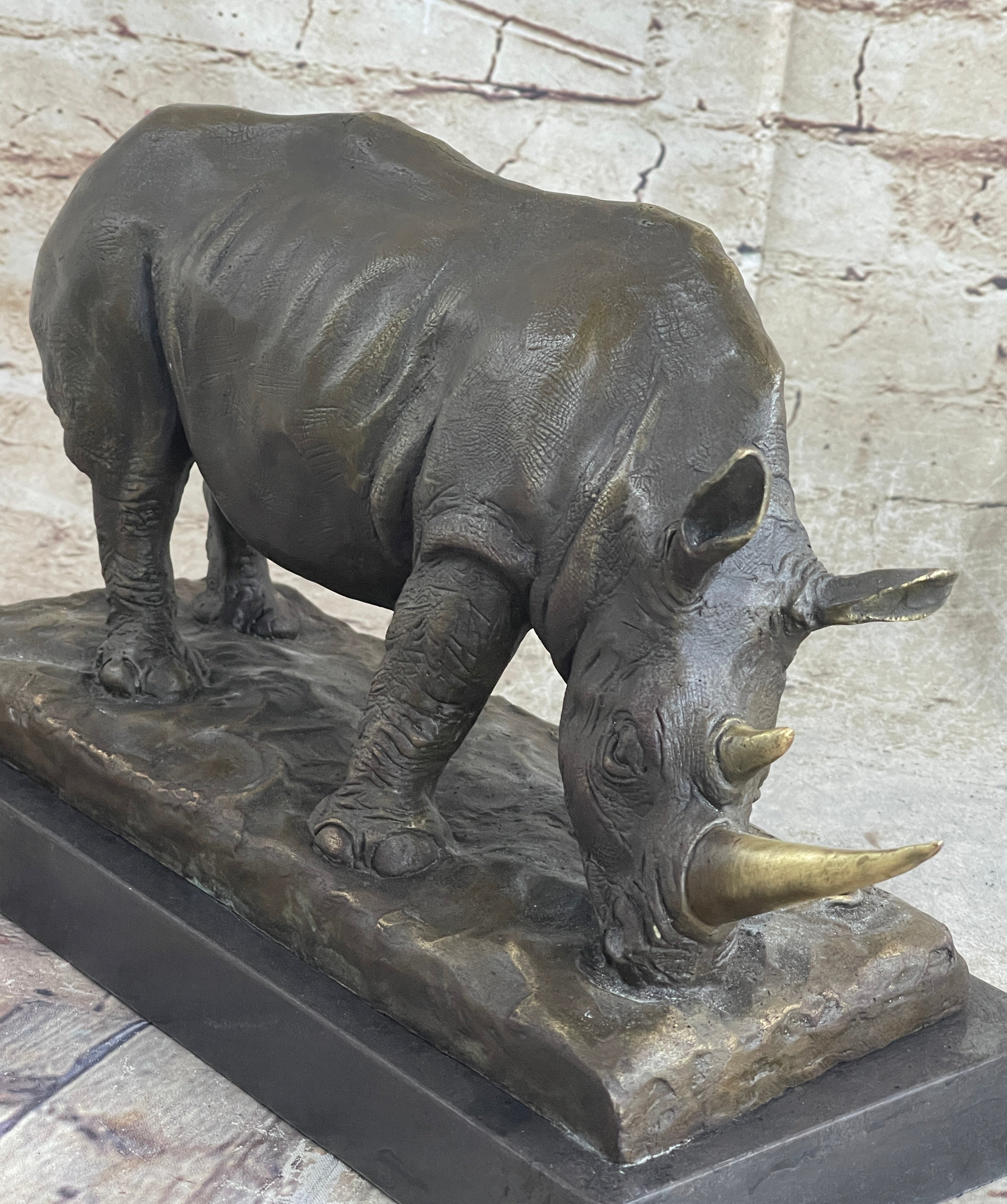Bronze Metal Rhinoceros Rhino Statue Sculpture Figure Marble Base Barye Art 9" x 14"