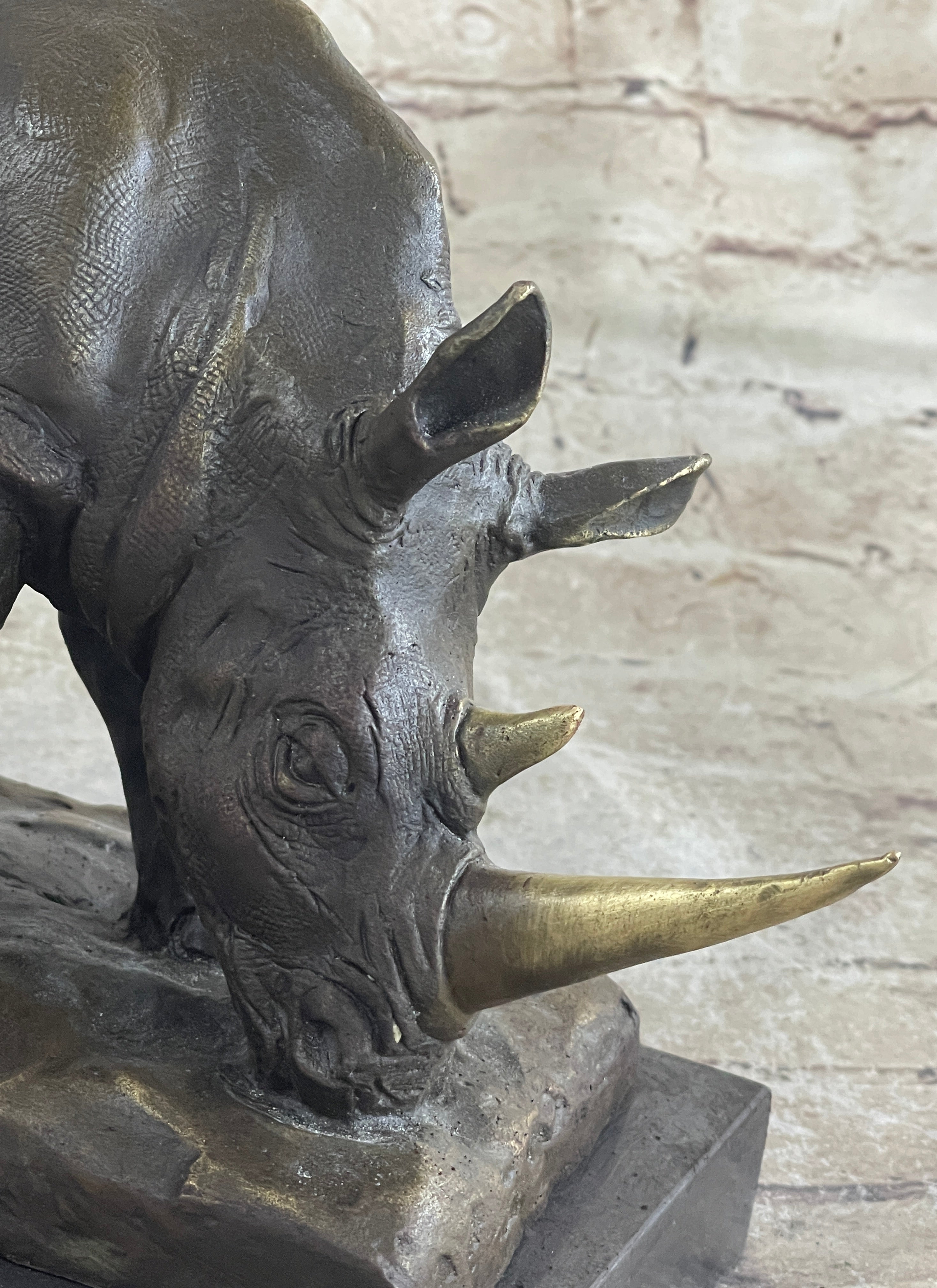 Bronze Metal Rhinoceros Rhino Statue Sculpture Figure Marble Base Barye Art 9" x 14"