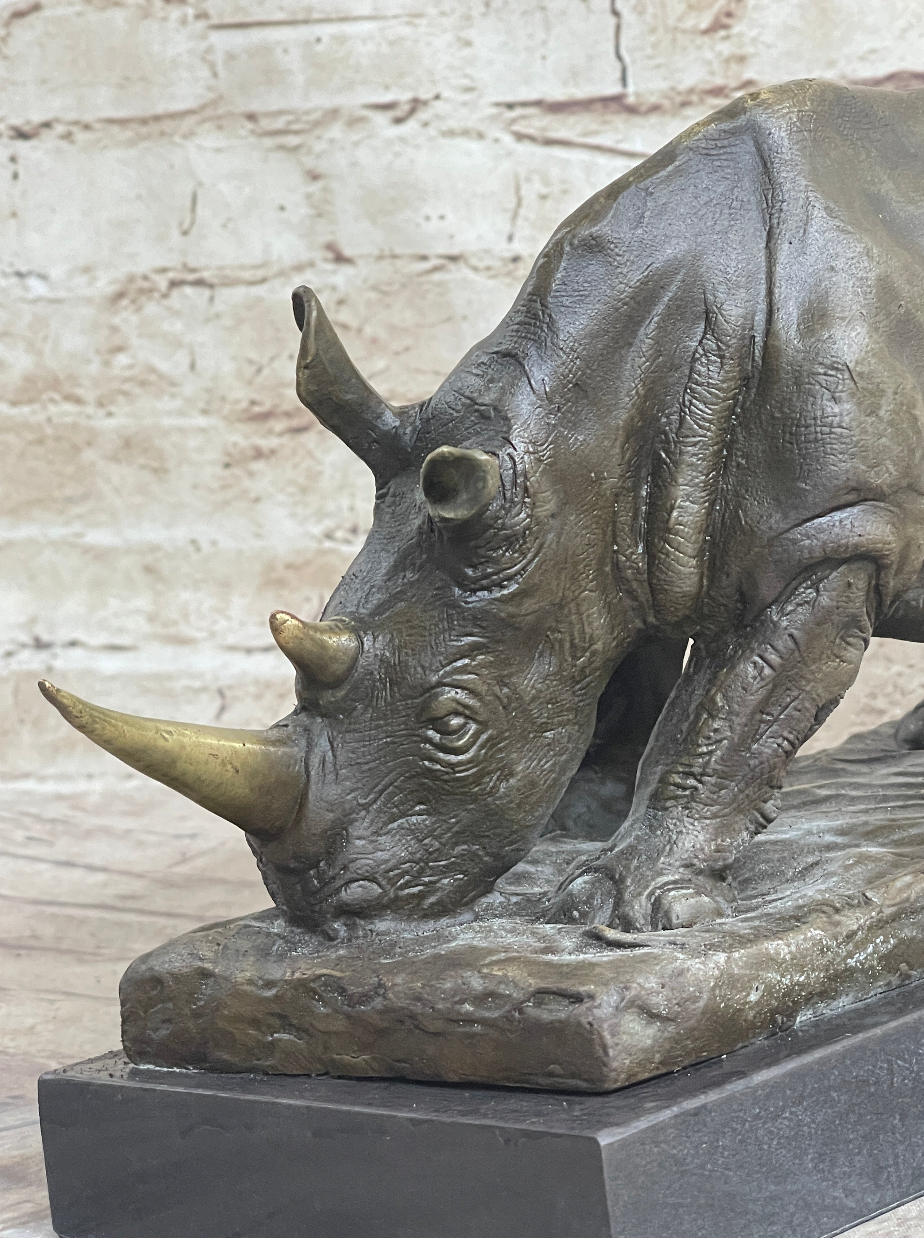 Bronze Metal Rhinoceros Rhino Statue Sculpture Figure Marble Base Barye Art 9" x 14"