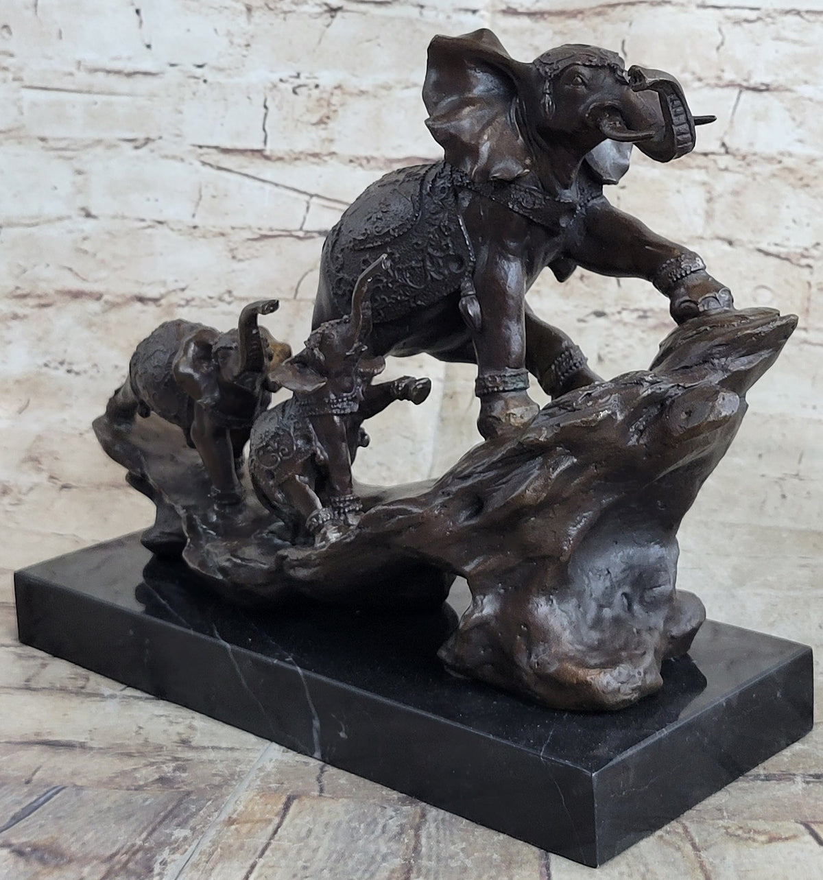 Signed Bologna Indian Mother Elephant And Calves Bronze Sculpture Home Decor Art