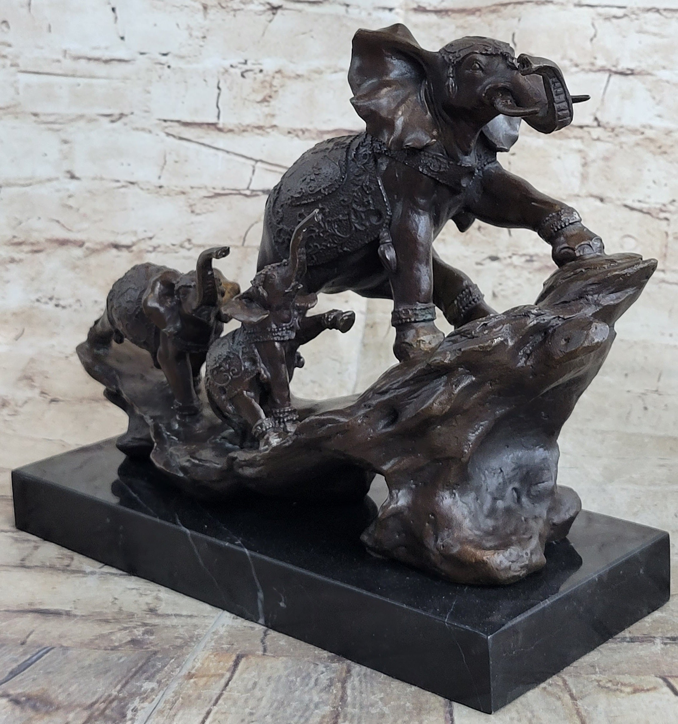 Signed Bologna Indian Mother Elephant And Calves Bronze Sculpture Home Decor Art
