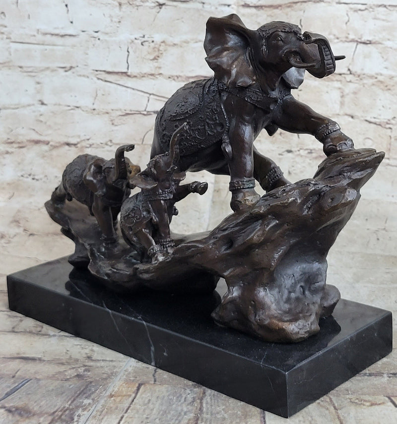 Signed Bologna Indian Mother Elephant And Calves Bronze Sculpture Home Decor Art