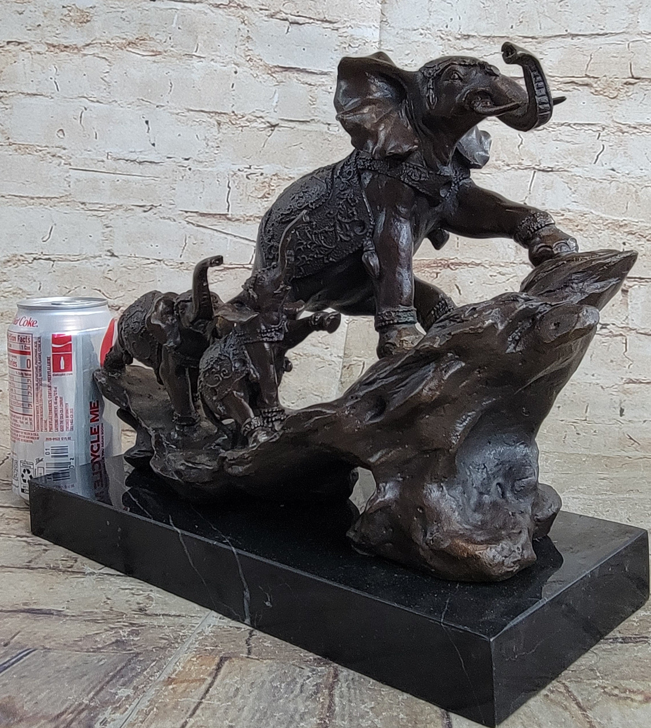 Signed Bologna Indian Mother Elephant And Calves Bronze Sculpture Home Decor Art