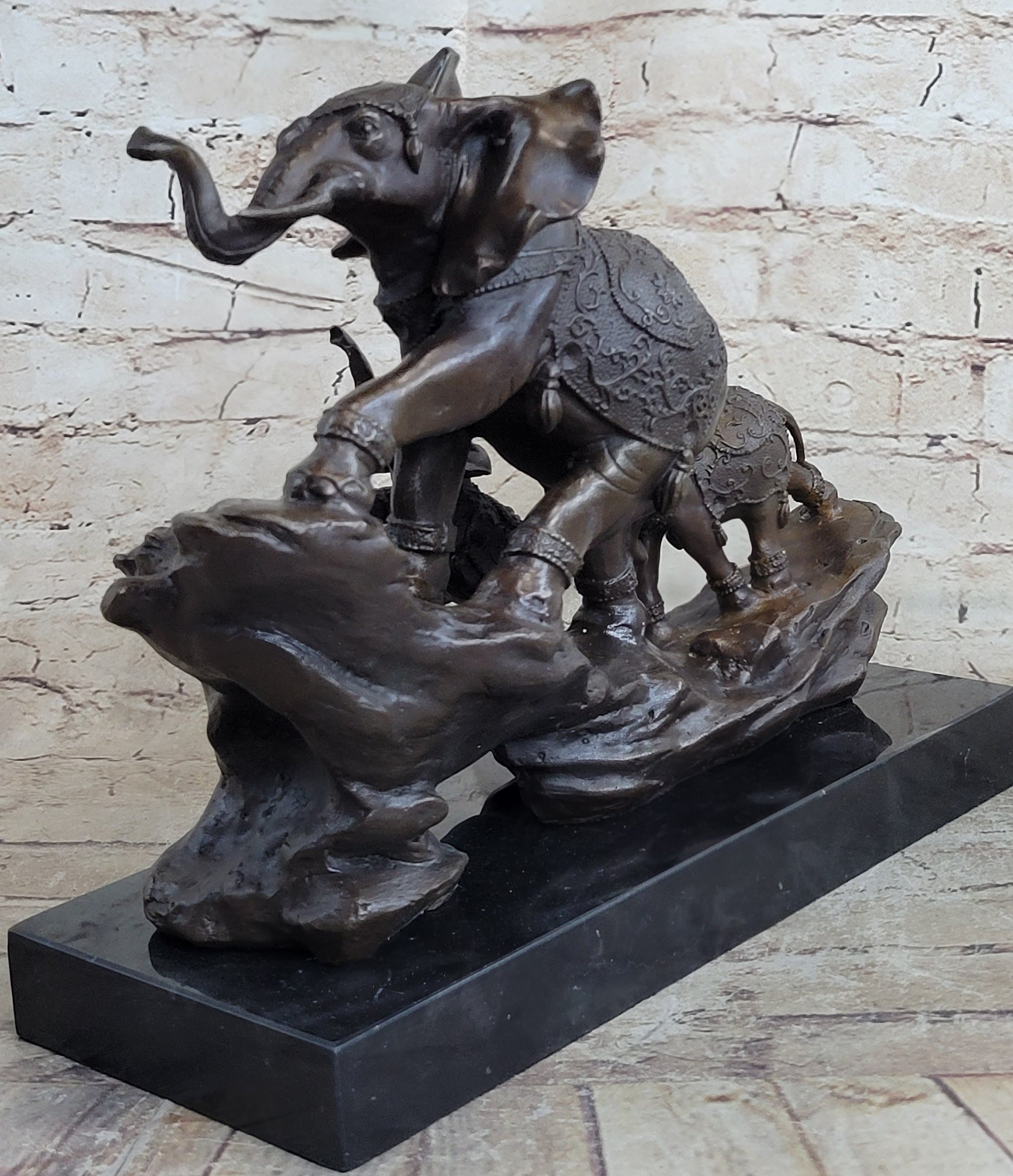 Signed Bologna Indian Mother Elephant And Calves Bronze Sculpture Home Decor Art