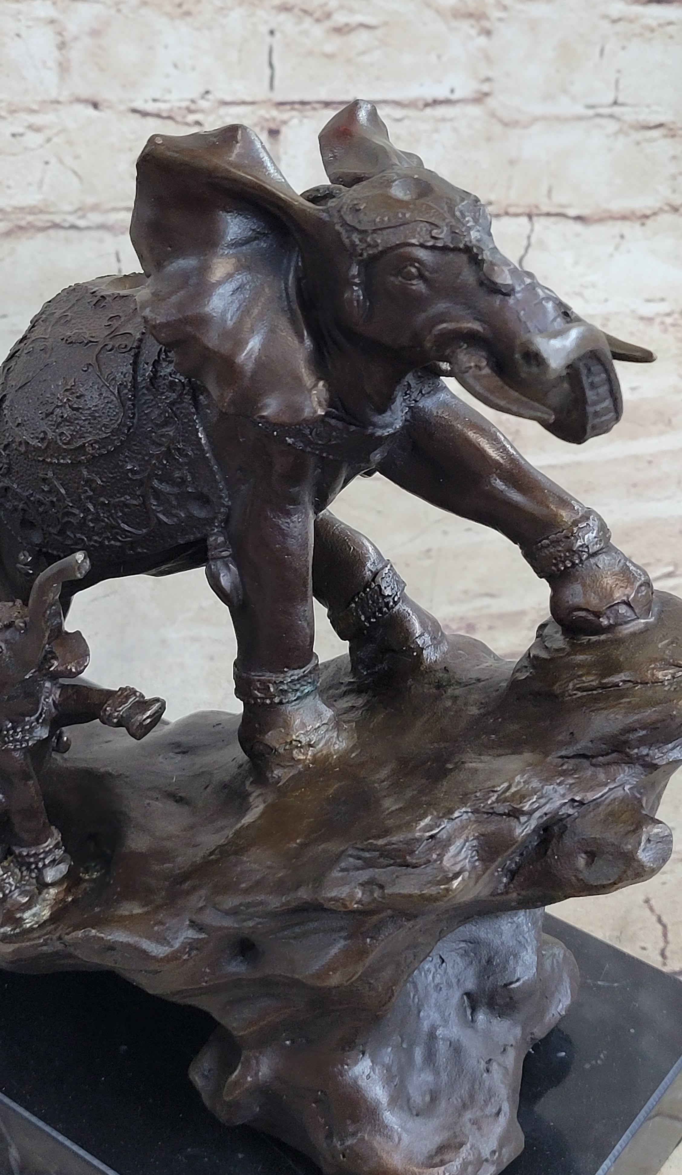 Signed Bologna Indian Mother Elephant And Calves Bronze Sculpture Home Decor Art