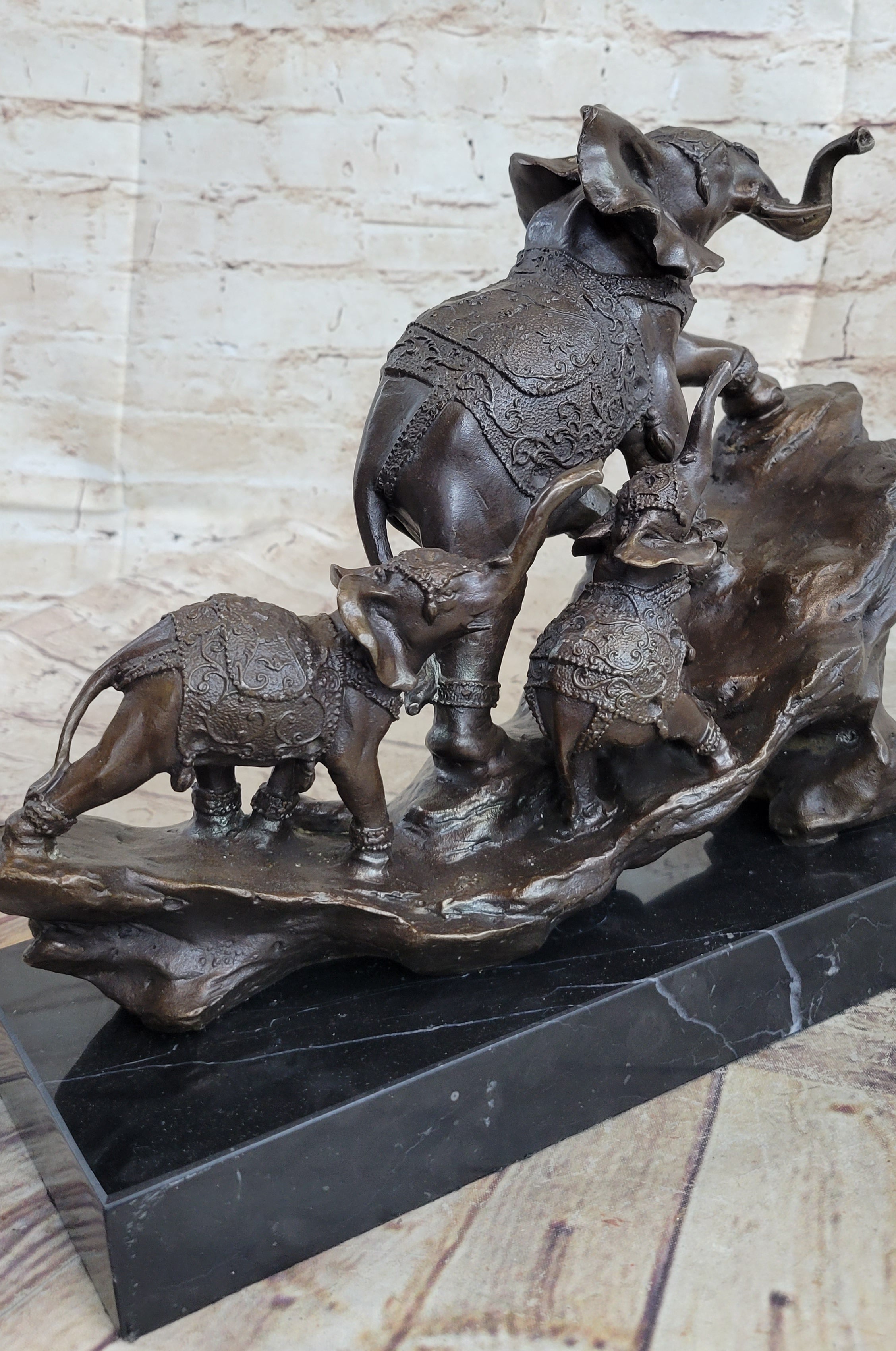 Signed Bologna Indian Mother Elephant And Calves Bronze Sculpture Home Decor Art