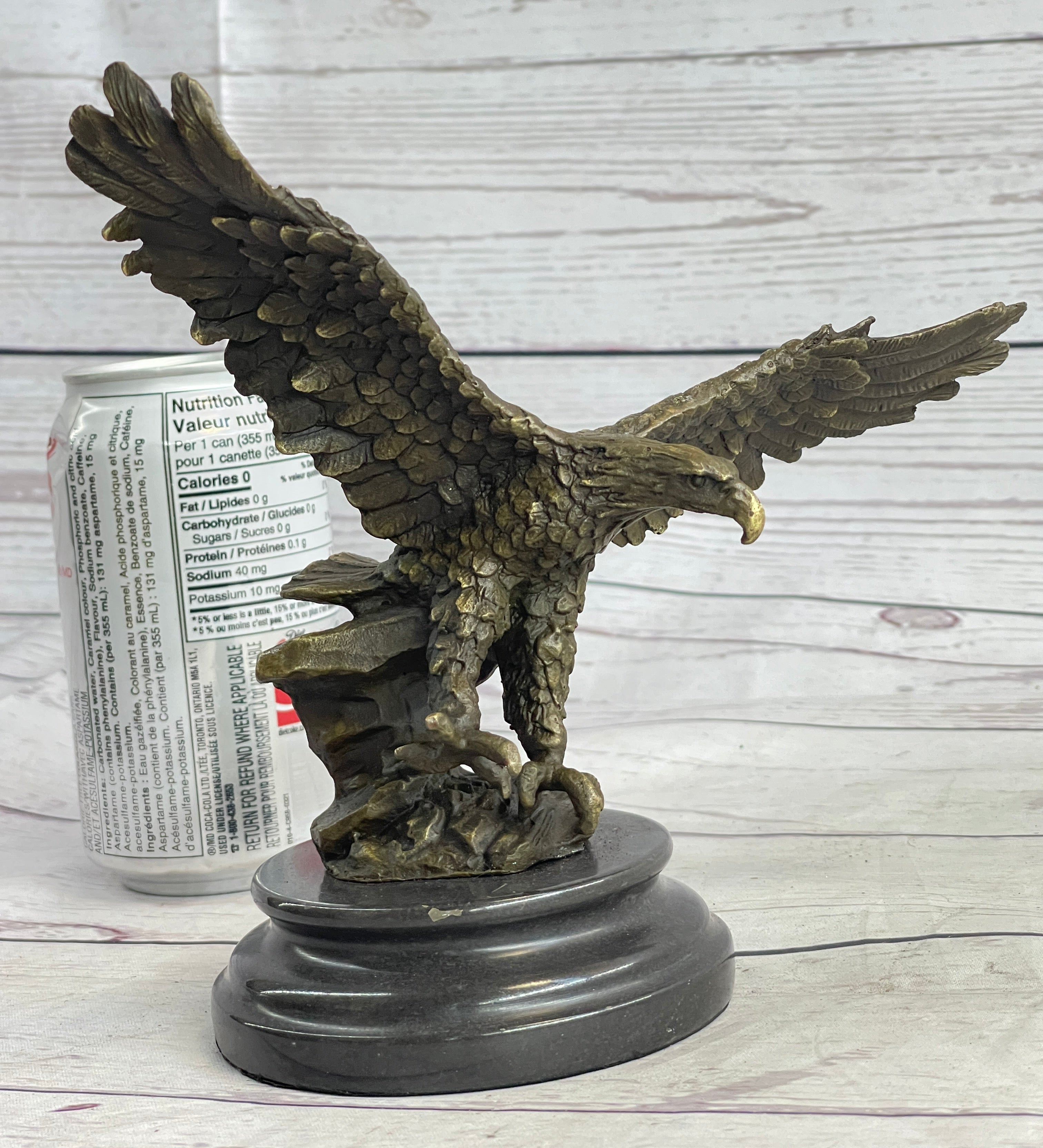 Landing Eagle w/ Wings Spread Bronze Statue Sculpture Signed Original Marble Base 7" x 9"