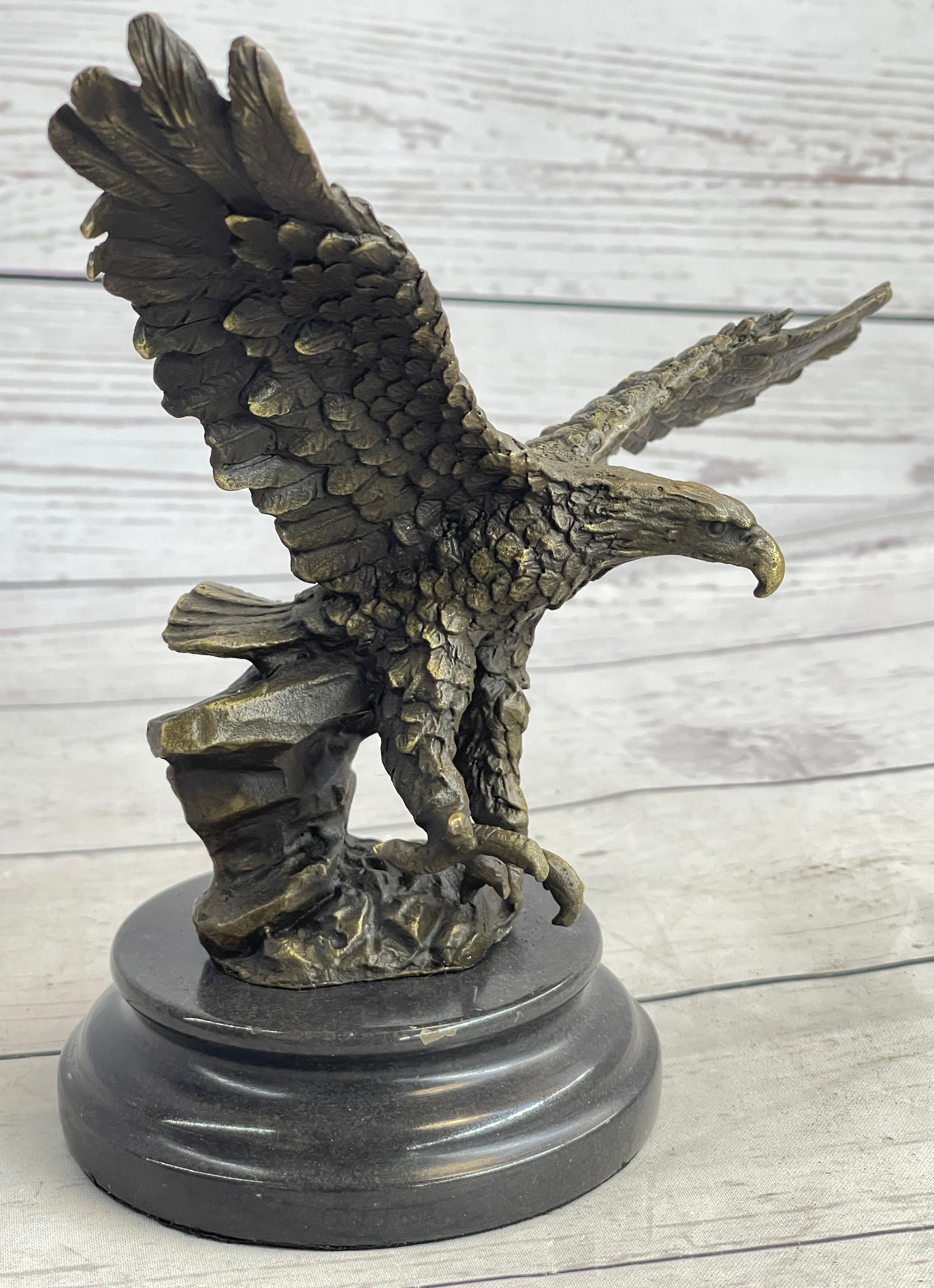 Landing Eagle w/ Wings Spread Bronze Statue Sculpture Signed Original Marble Base 7" x 9"