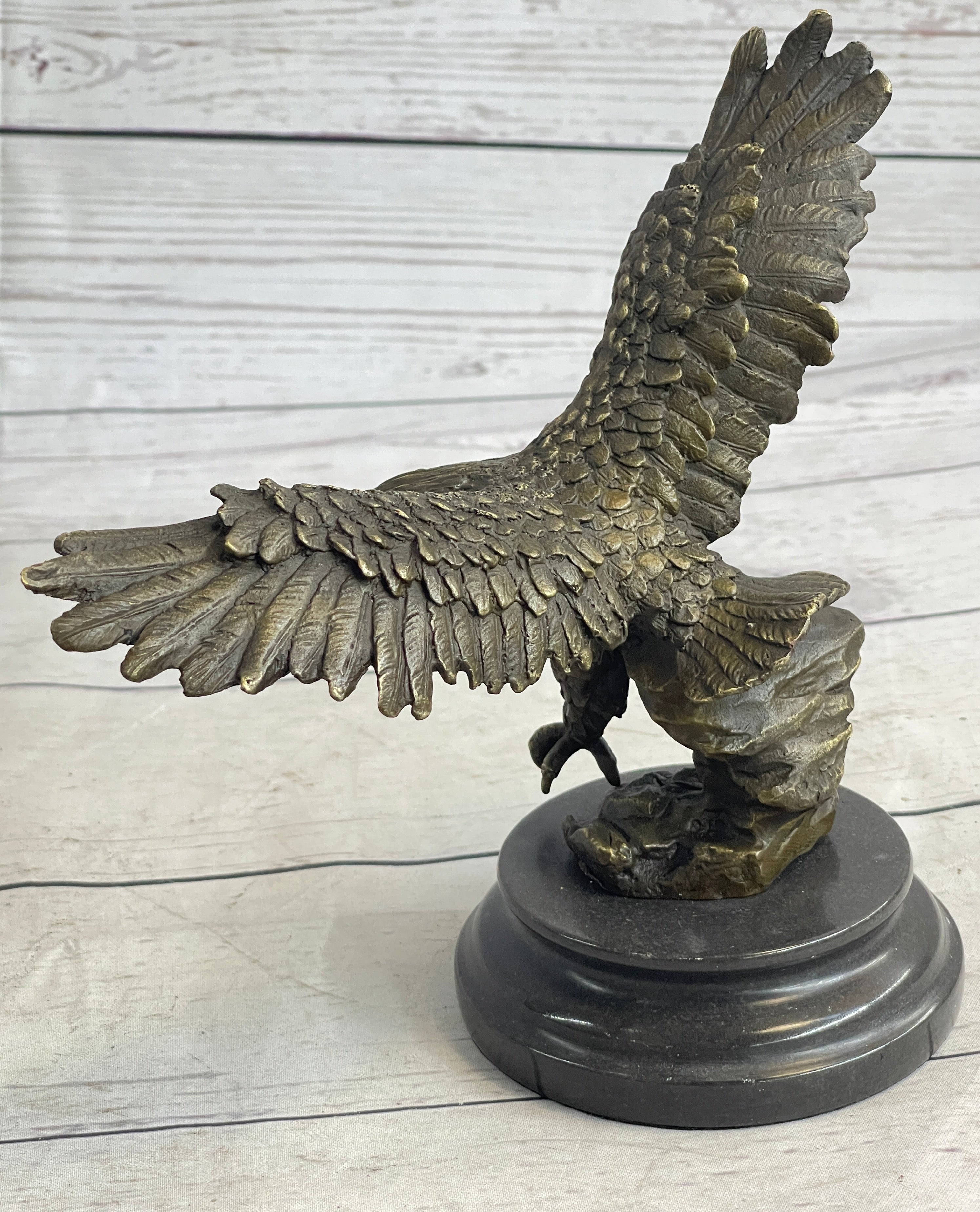 Landing Eagle w/ Wings Spread Bronze Statue Sculpture Signed Original Marble Base 7" x 9"