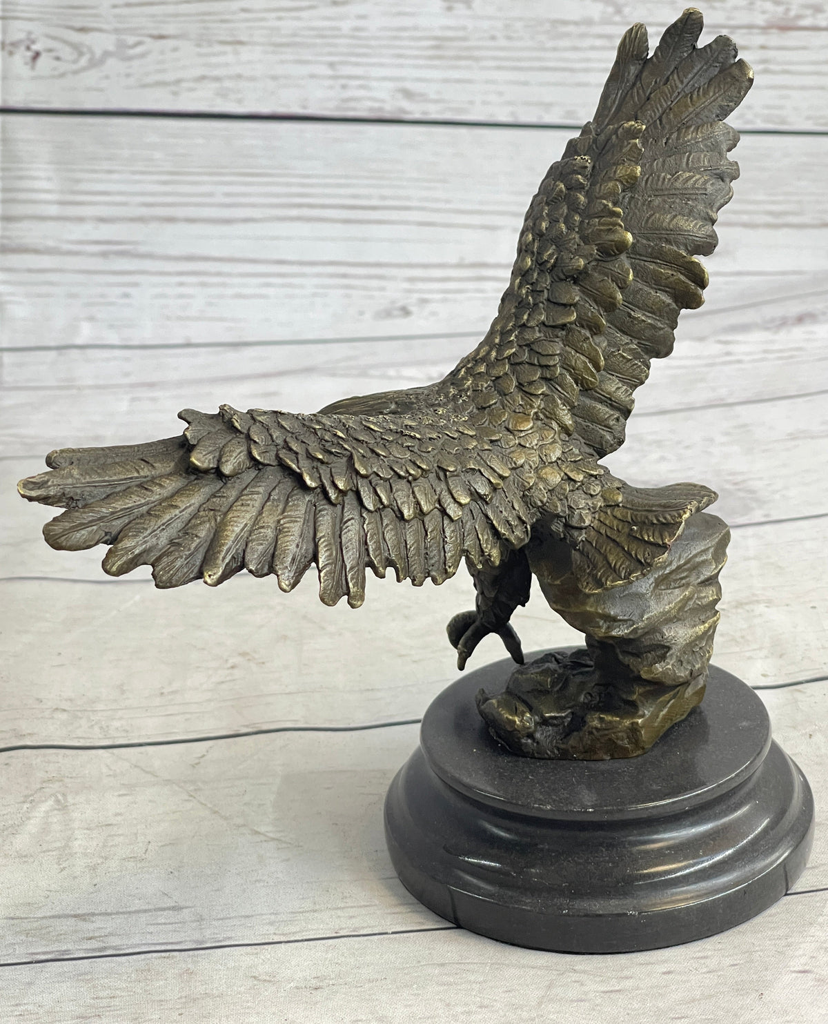 Landing Eagle w/ Wings Spread Bronze Statue Sculpture Signed Original Marble Base 7" x 9"