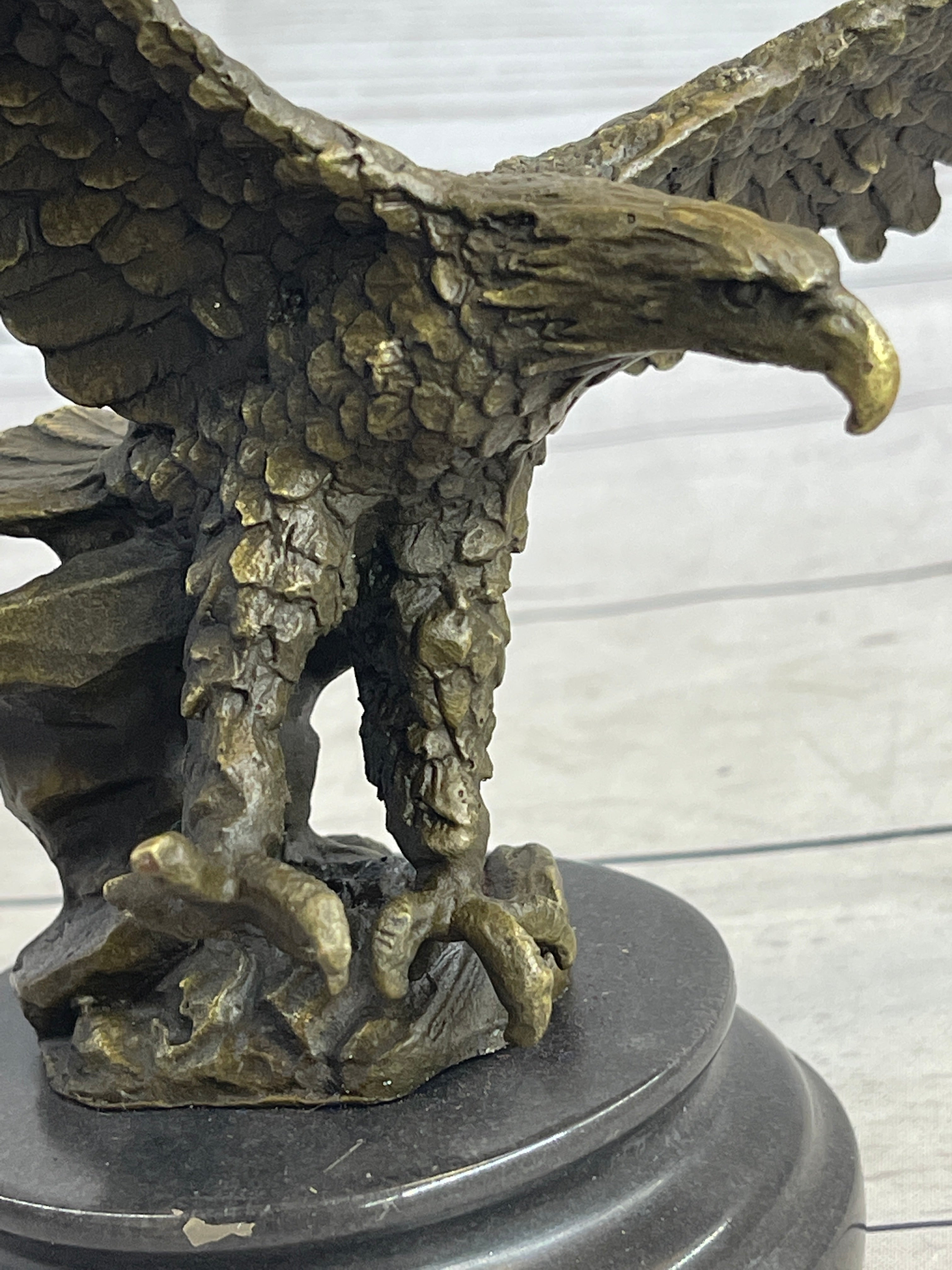 Landing Eagle w/ Wings Spread Bronze Statue Sculpture Signed Original Marble Base 7" x 9"