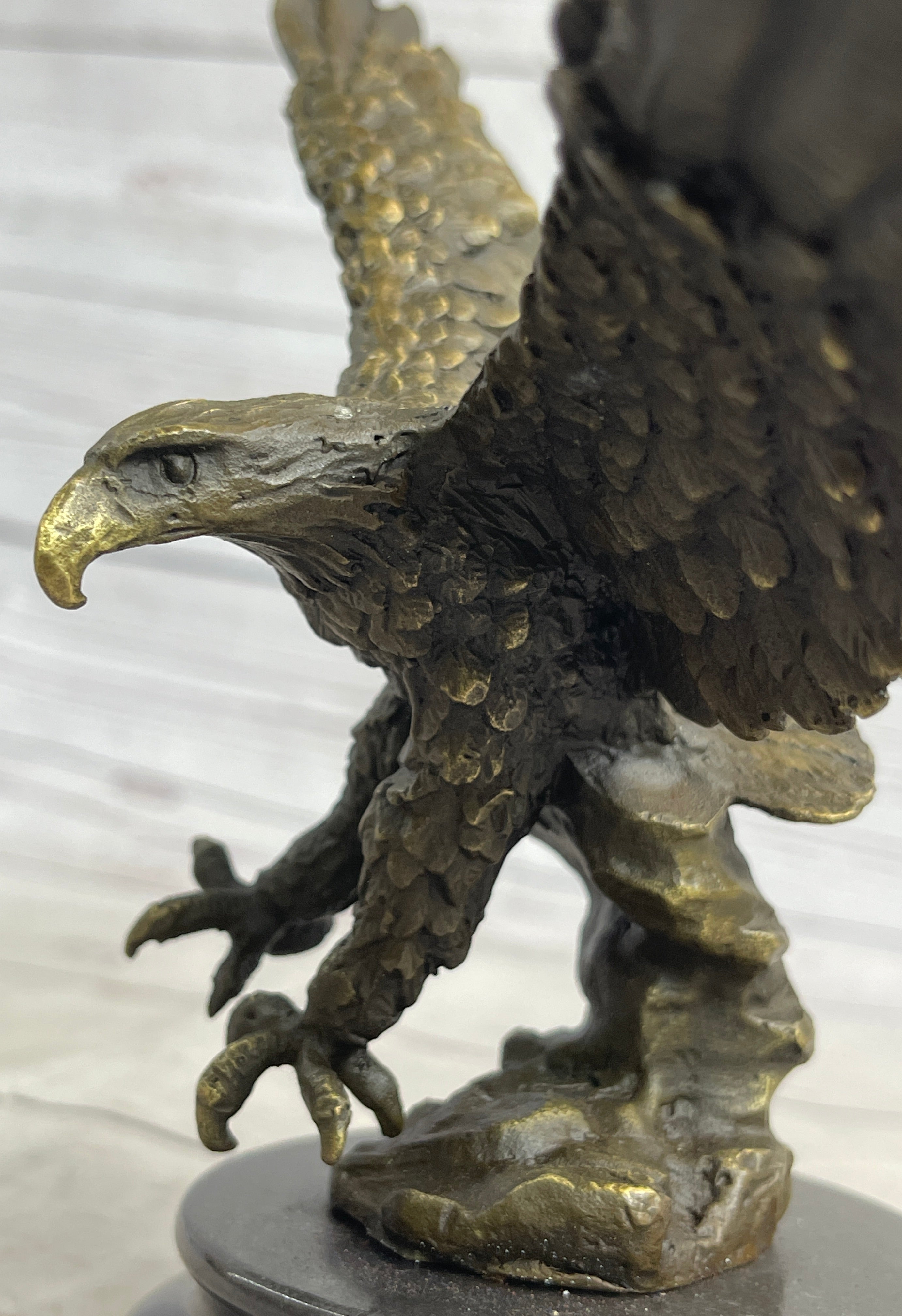 Landing Eagle w/ Wings Spread Bronze Statue Sculpture Signed Original Marble Base 7" x 9"