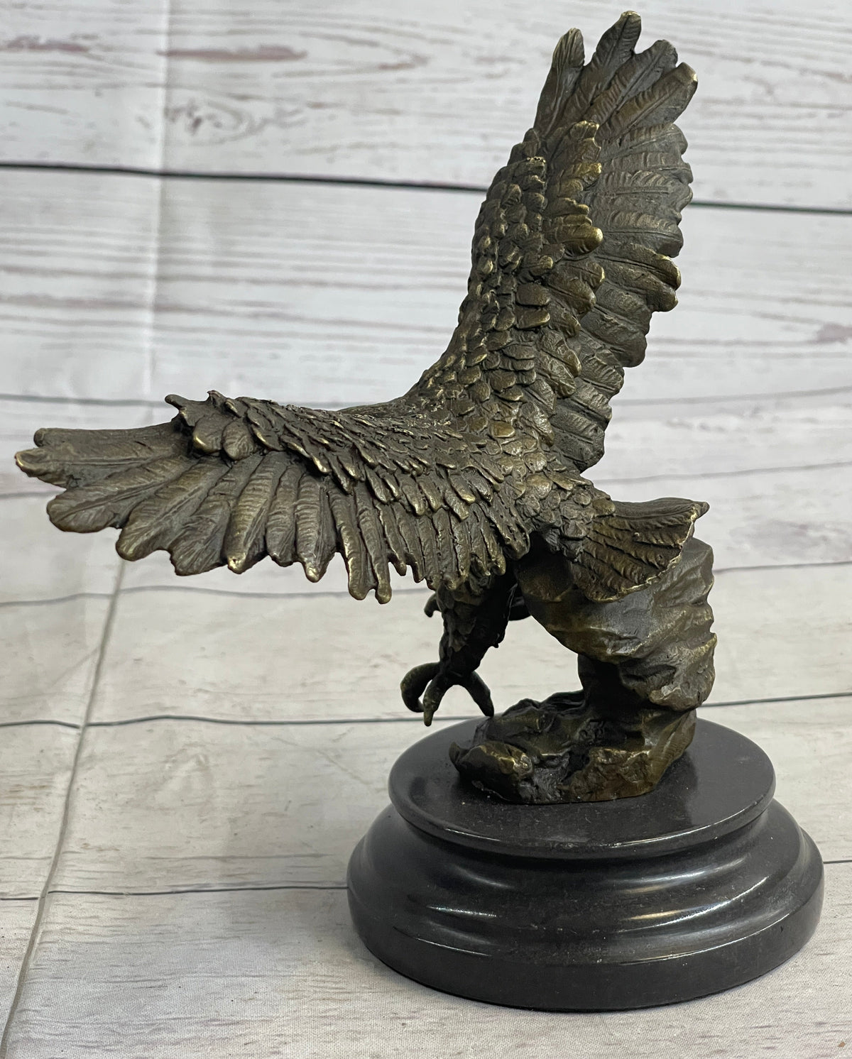 Landing Eagle w/ Wings Spread Bronze Statue Sculpture Signed Original Marble Base 7" x 9"