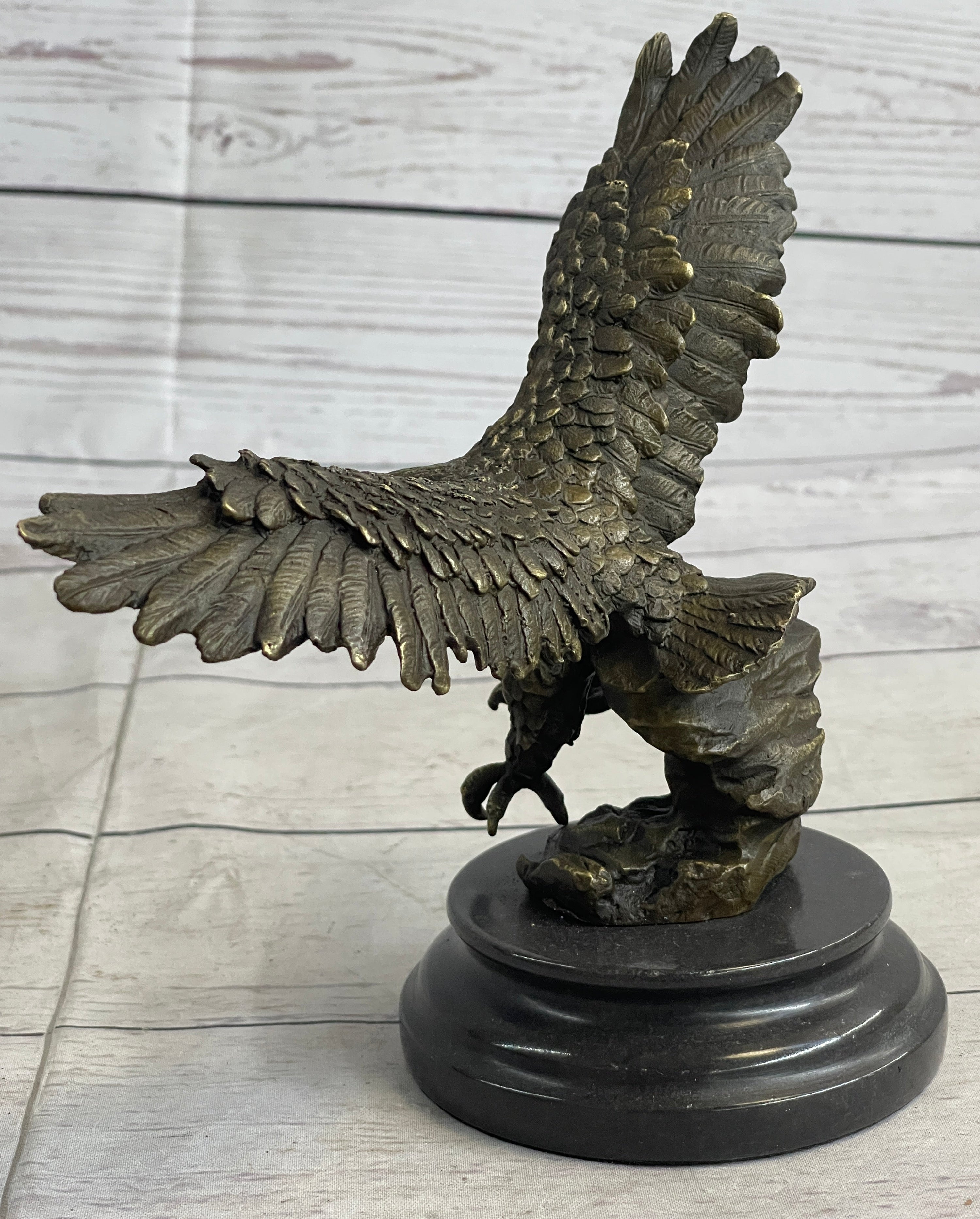 Landing Eagle w/ Wings Spread Bronze Statue Sculpture Signed Original Marble Base 7" x 9"