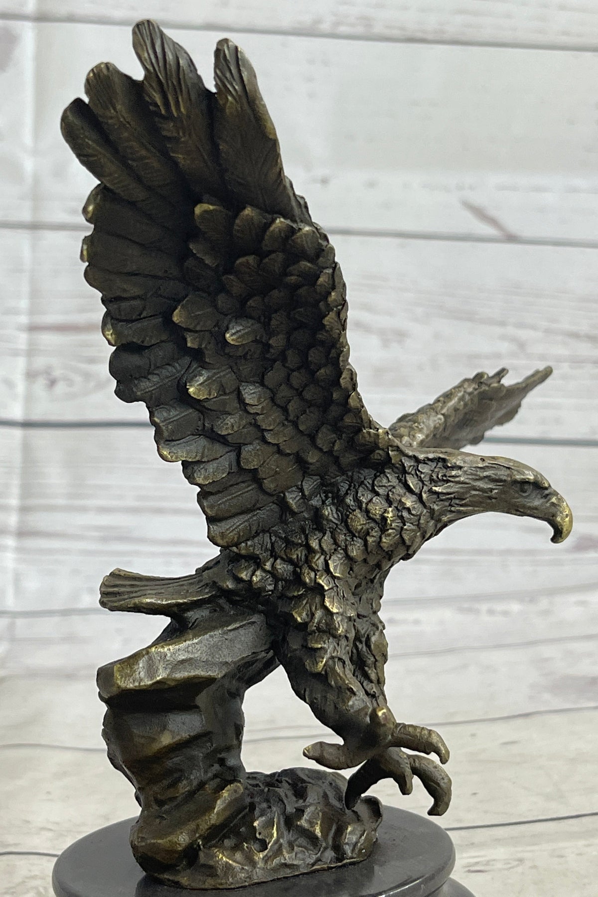 Landing Eagle w/ Wings Spread Bronze Statue Sculpture Signed Original Marble Base 7" x 9"
