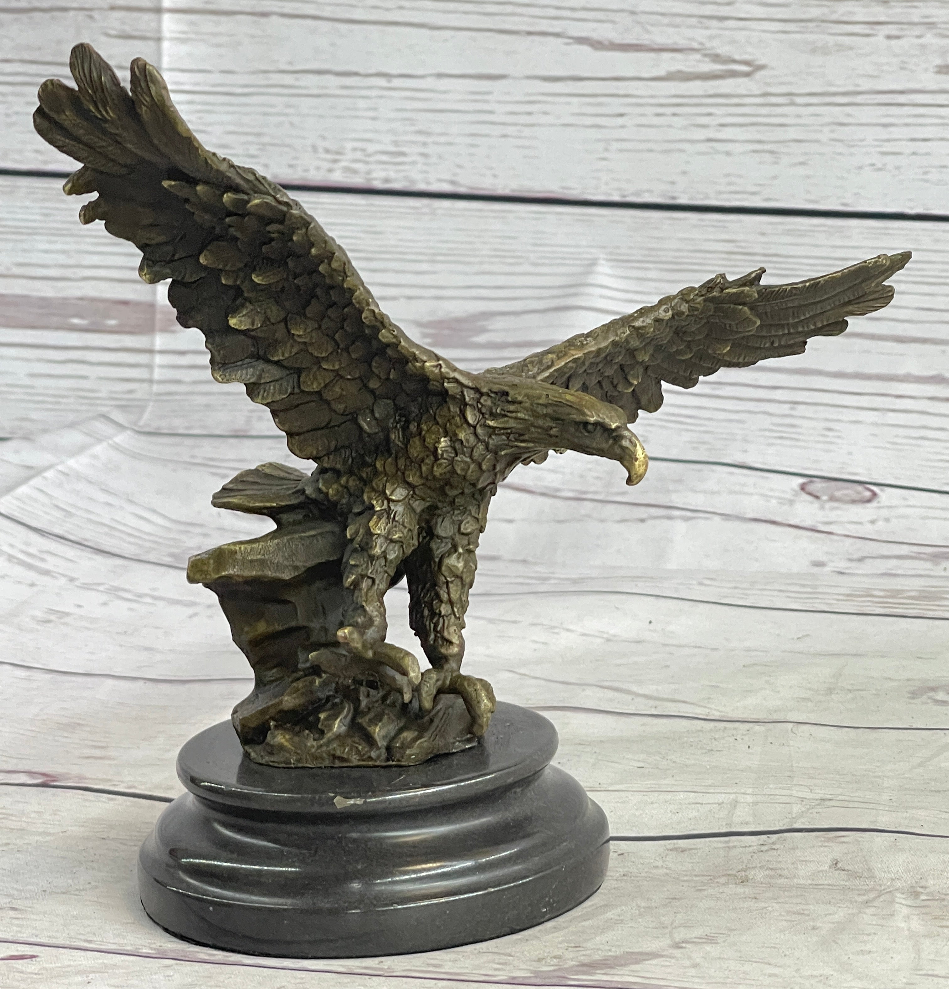 Landing Eagle w/ Wings Spread Bronze Statue Sculpture Signed Original Marble Base 7" x 9"