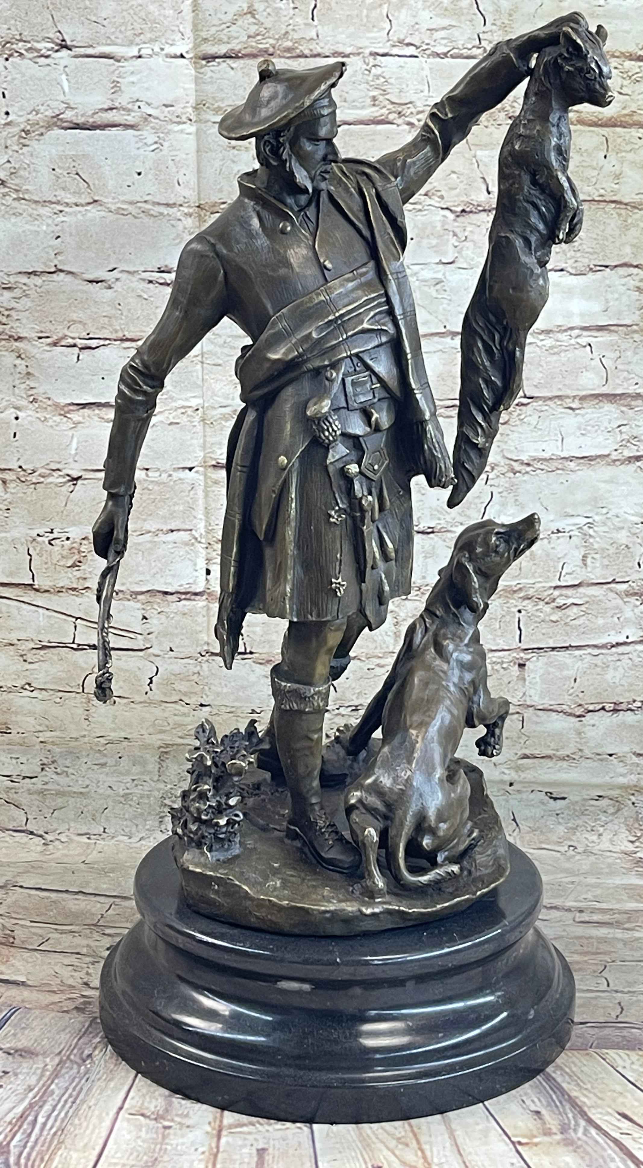 Scottish Hunter w/ Dog Bronze Statue Sculpture Figure Marble Base Signed Original 22" x 11.5"