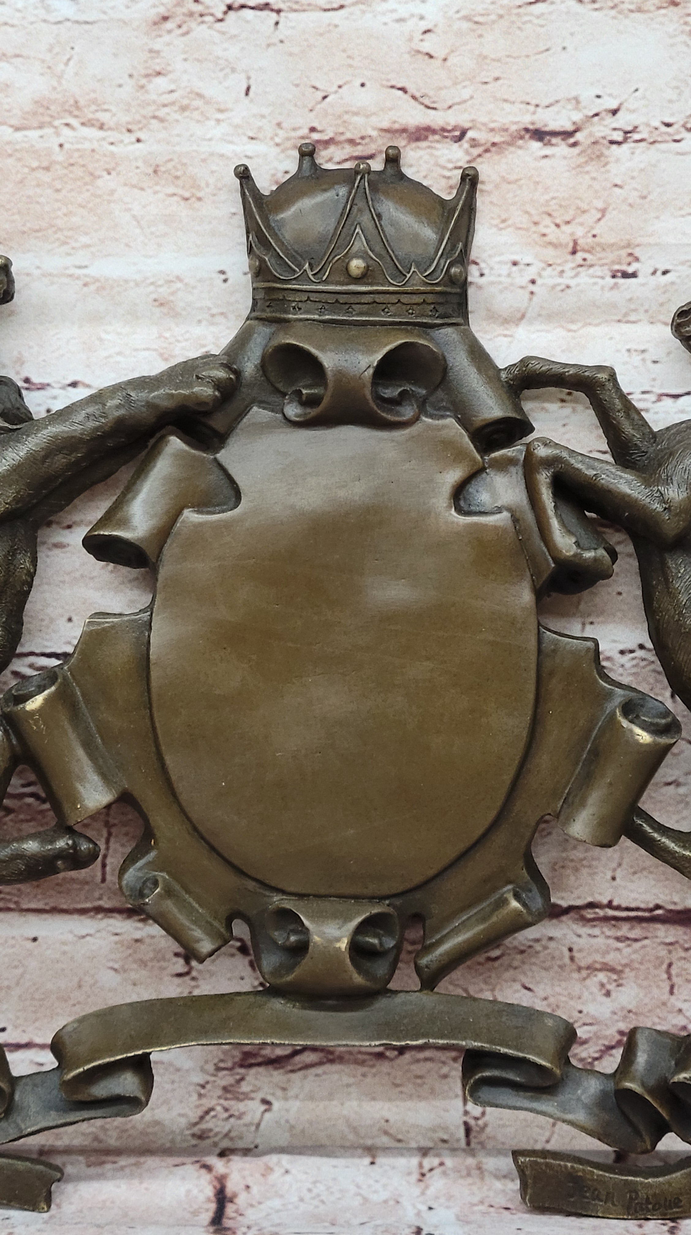 Bronze Lion and Unicorn Heraldic Crest Coat of Arms Hanging Wall Sculpture