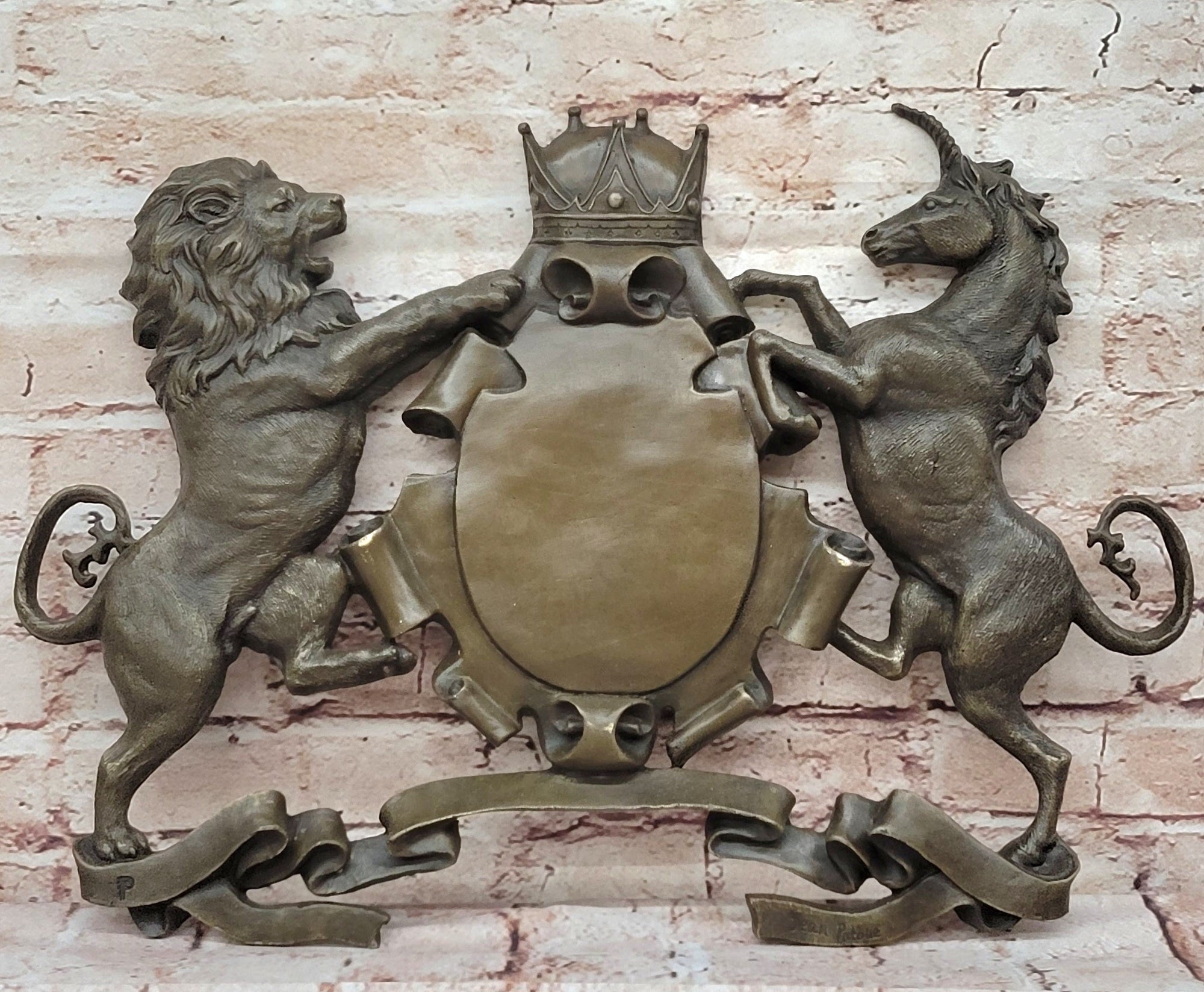 Bronze Lion and Unicorn Heraldic Crest Coat of Arms Hanging Wall Sculpture