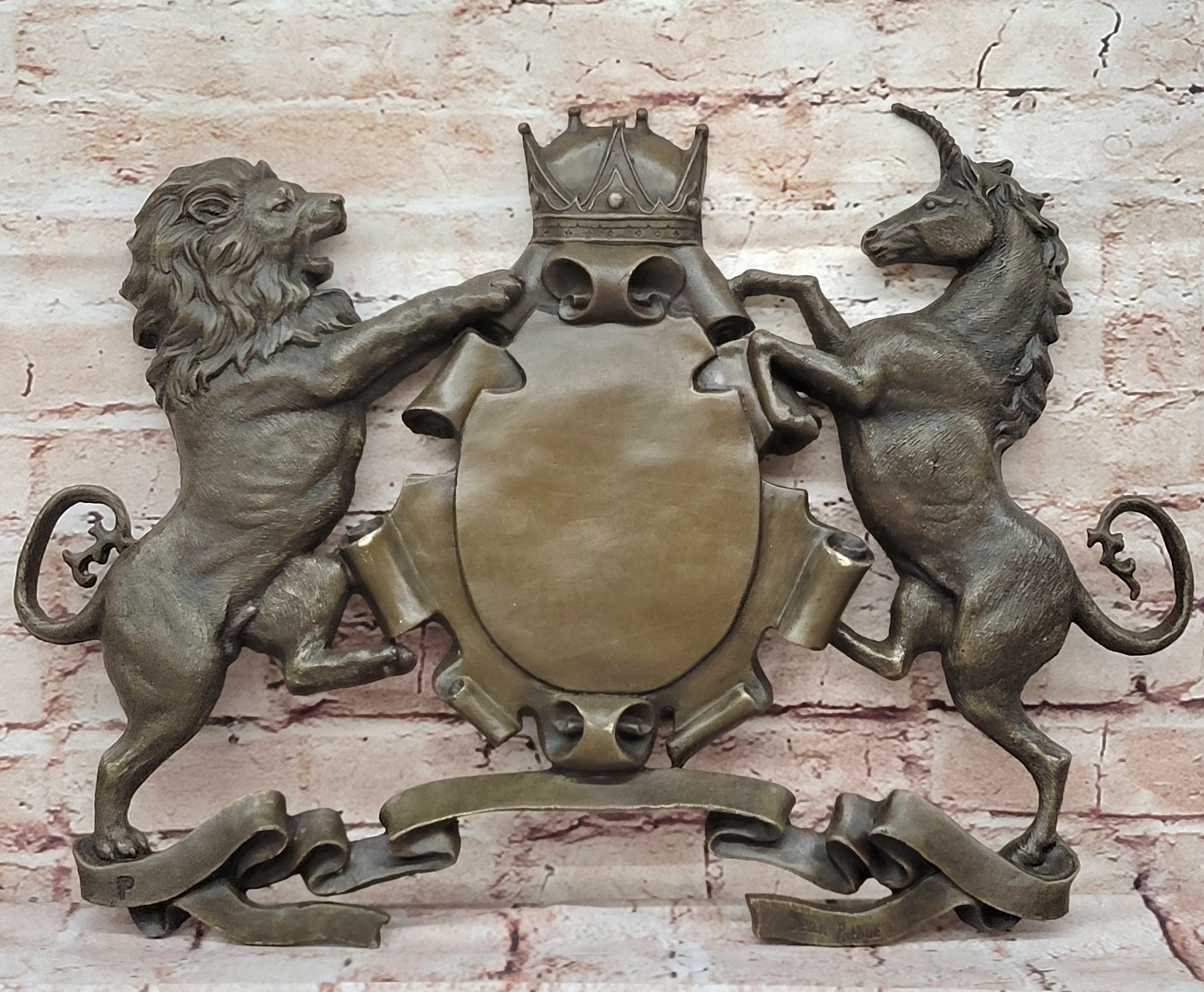 Bronze Lion and Unicorn Heraldic Crest Coat of Arms Hanging Wall Sculpture