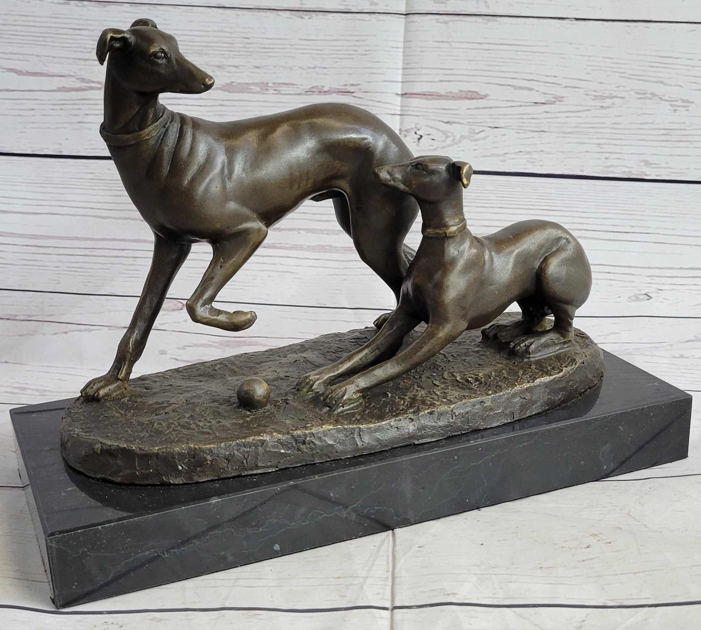 Pj Mene Two Greyhounds Dogs Playing'Argente And Dore Bronze Statue Sculpture
