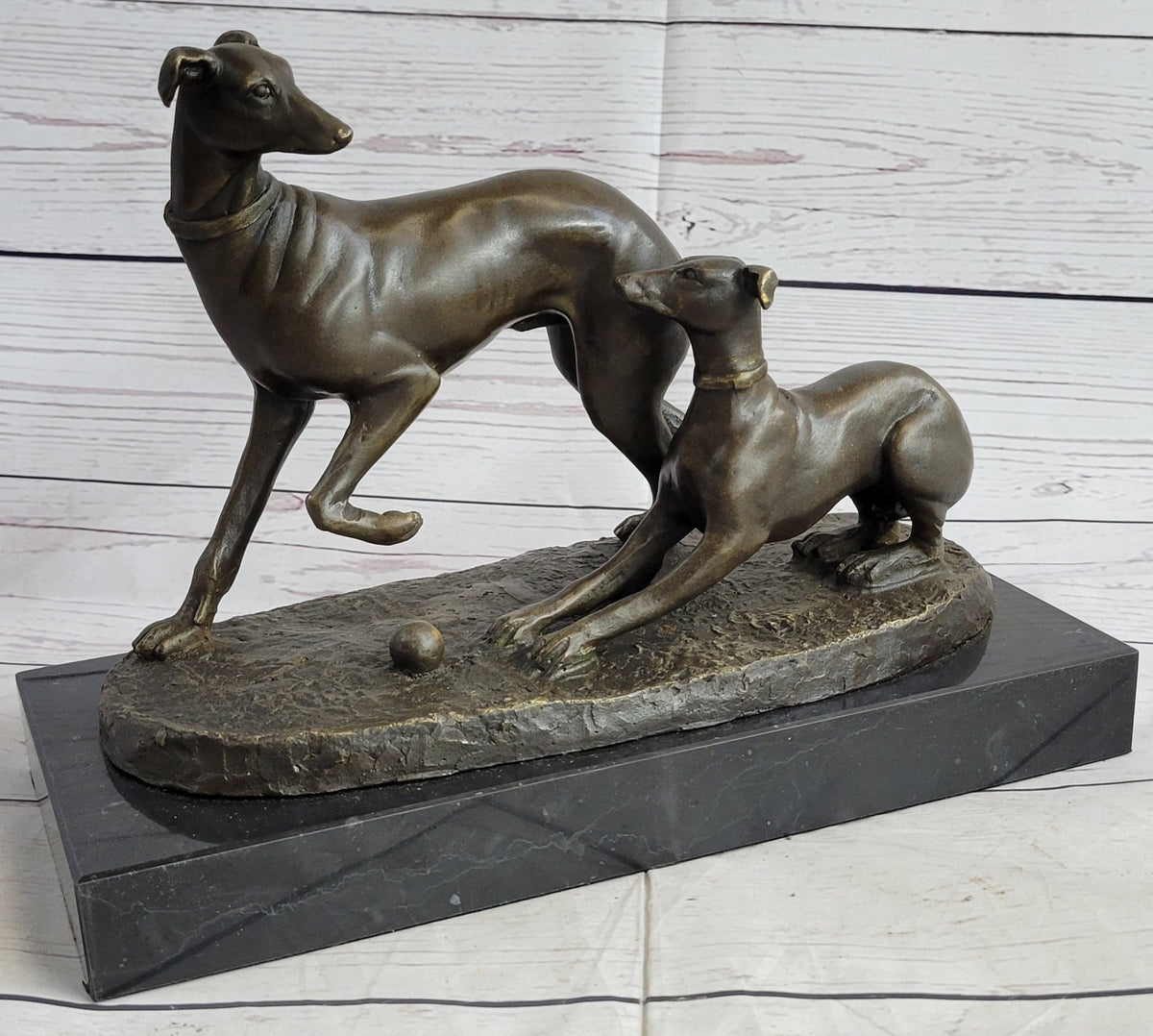 Pj Mene Two Greyhounds Dogs PlayingArgente And Dore Bronze Statue Sculpture