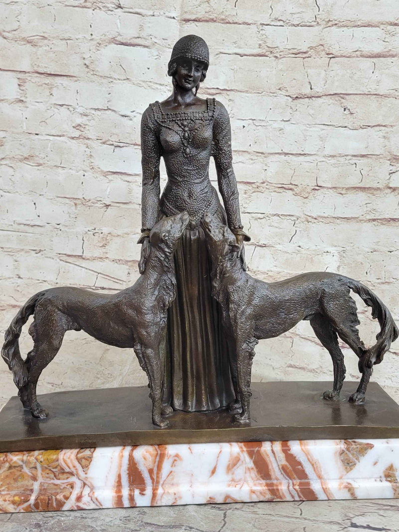 Lady with 2 Borzoi Dogs Chiparus Art Deco Bronze Statue Sculpture 18" x 6"