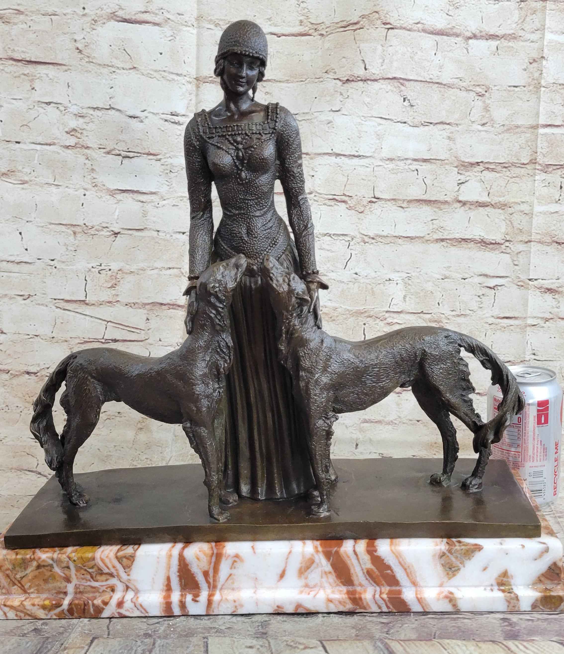Lady with 2 Borzoi Dogs Chiparus Art Deco Bronze Statue Sculpture 18" x 6"