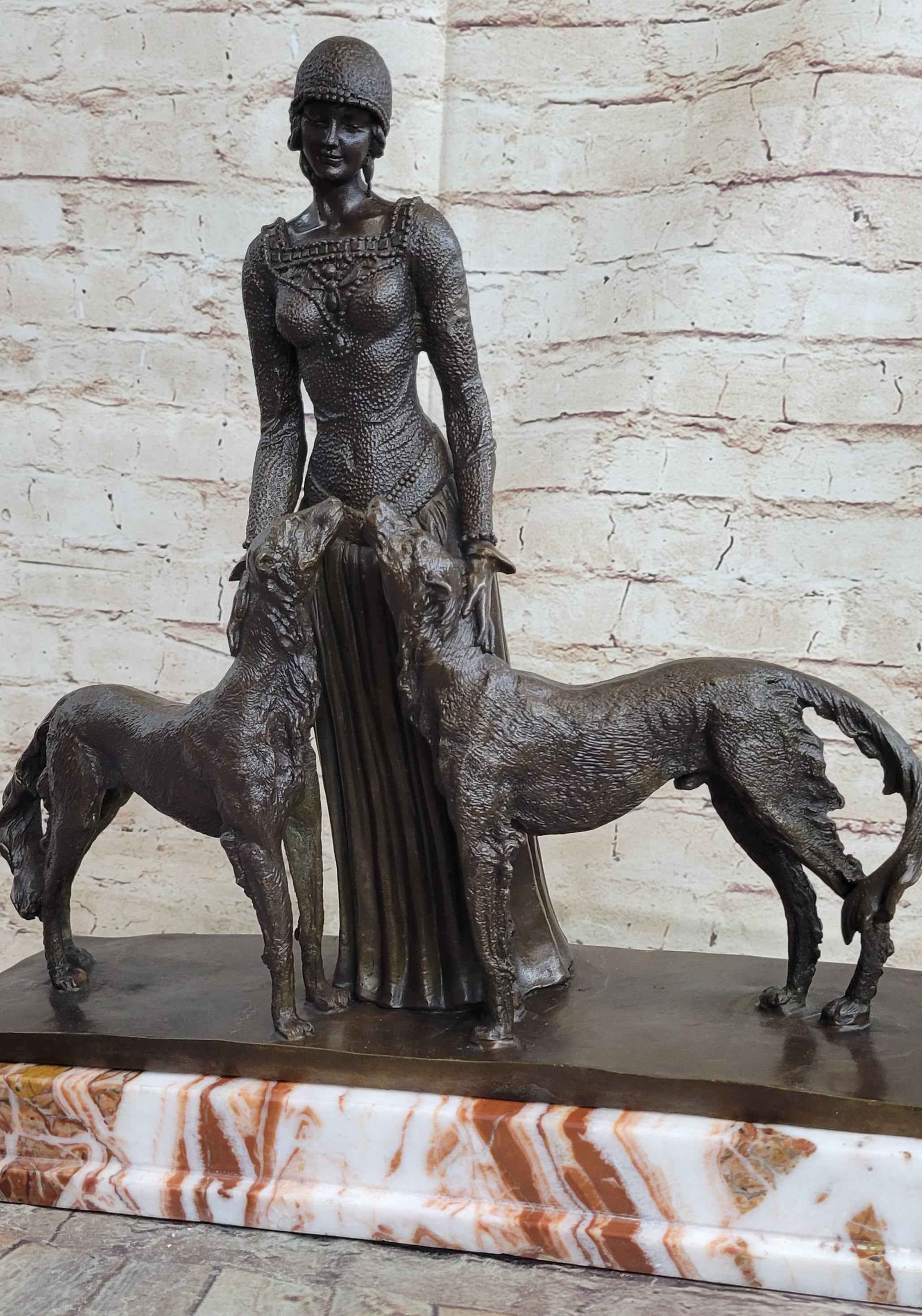 Lady with 2 Borzoi Dogs Chiparus Art Deco Bronze Statue Sculpture 18" x 6"