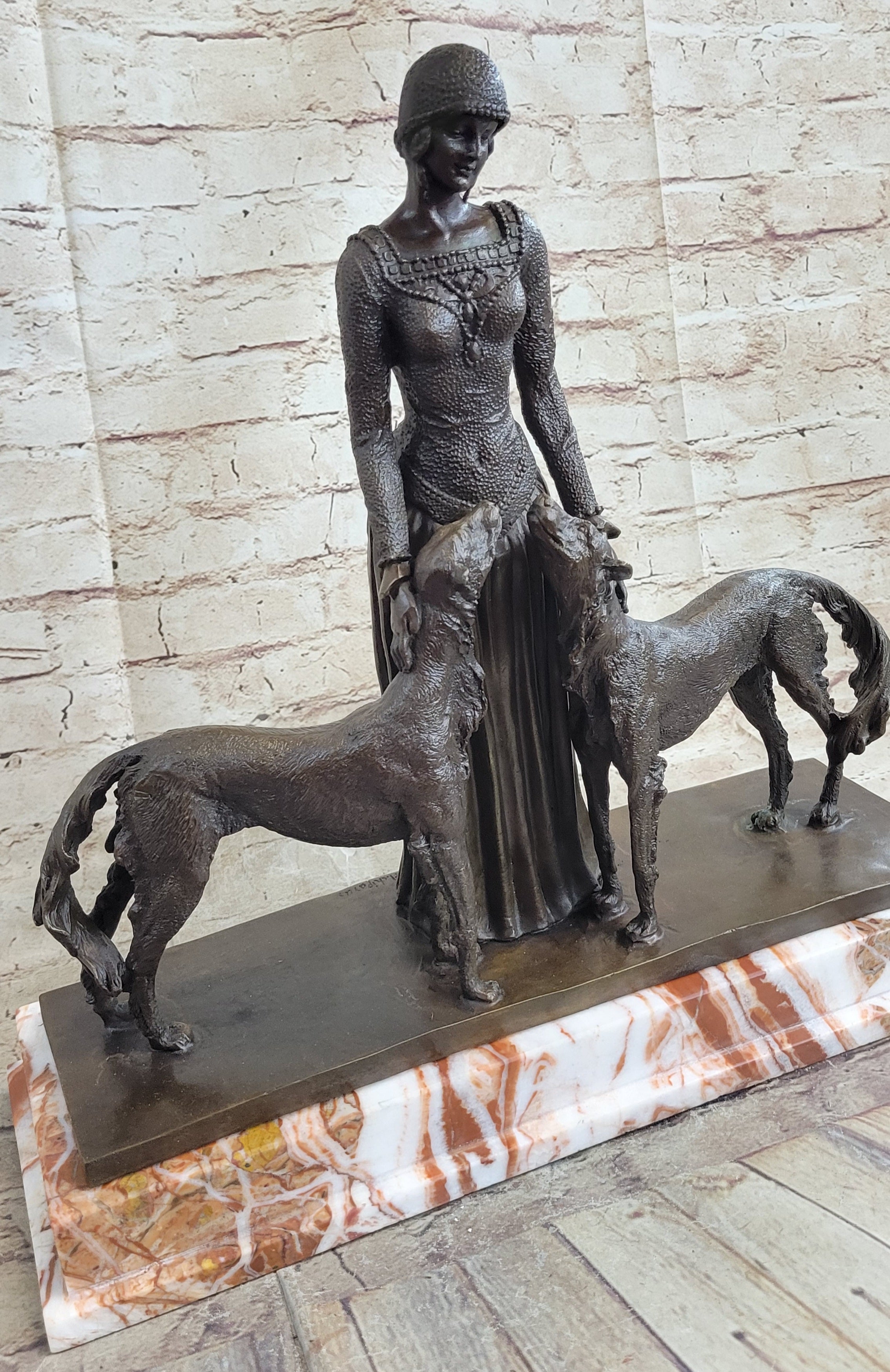 Lady with 2 Borzoi Dogs Chiparus Art Deco Bronze Statue Sculpture 18" x 6"