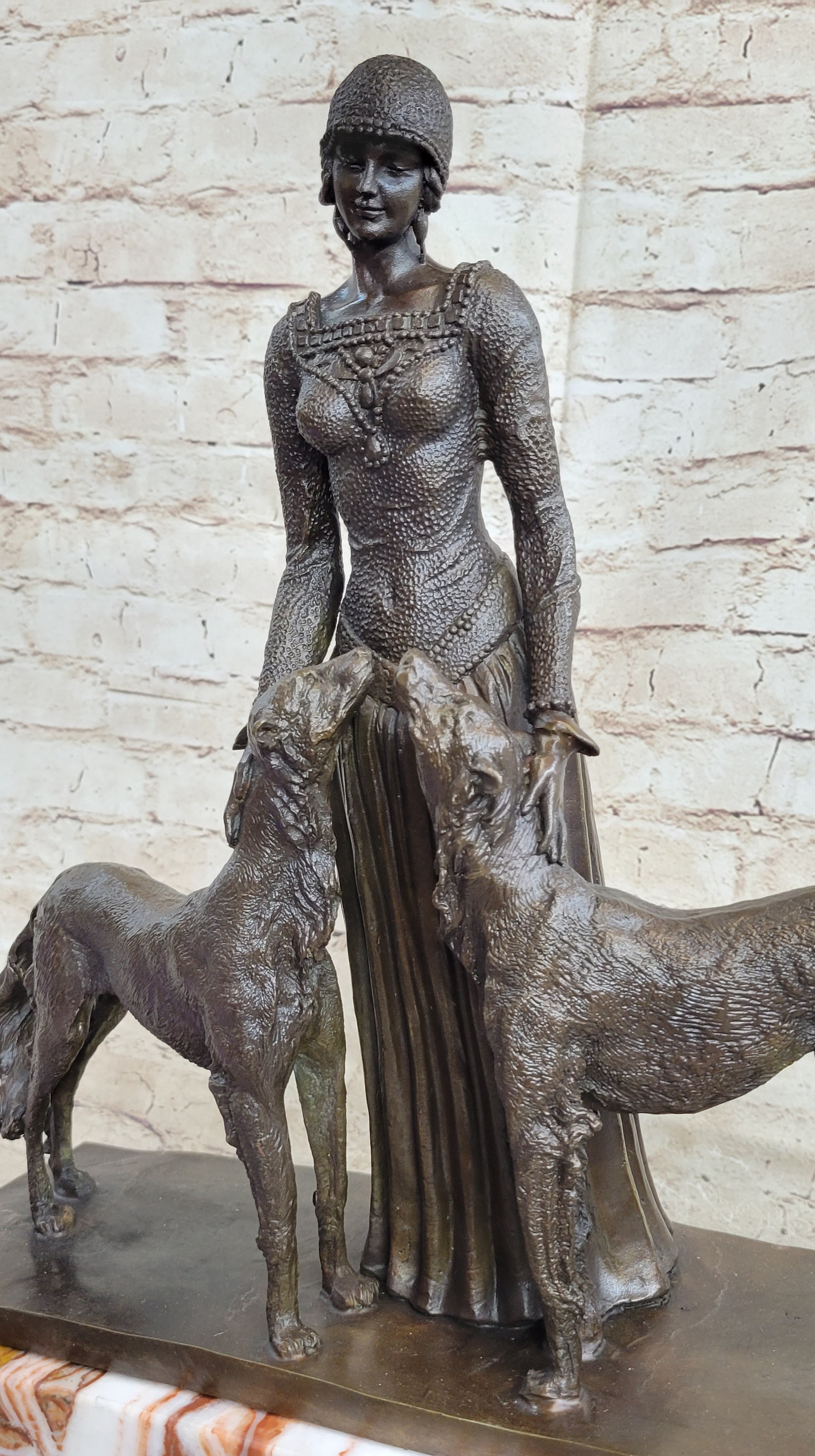 Lady with 2 Borzoi Dogs Chiparus Art Deco Bronze Statue Sculpture 18" x 6"