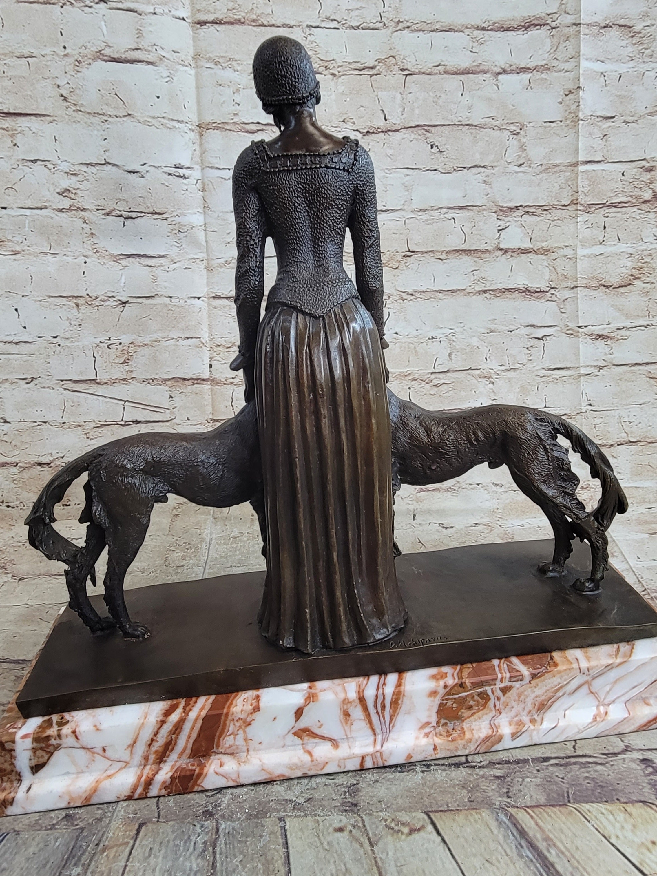 Lady with 2 Borzoi Dogs Chiparus Art Deco Bronze Statue Sculpture 18" x 6"