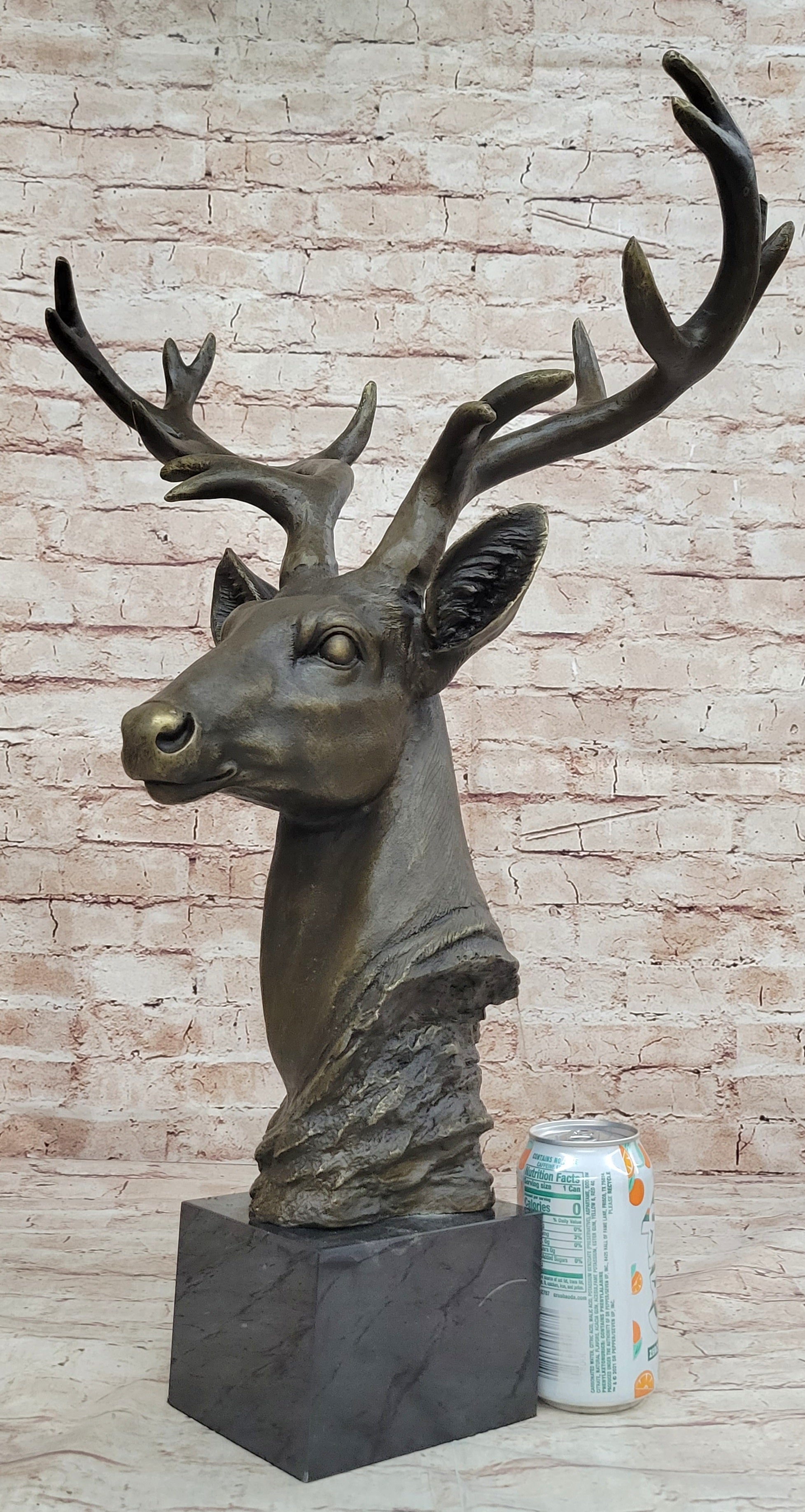 Stag Buck Deer Elk Head Bust Bronze Sculpture Statue on Marble Base