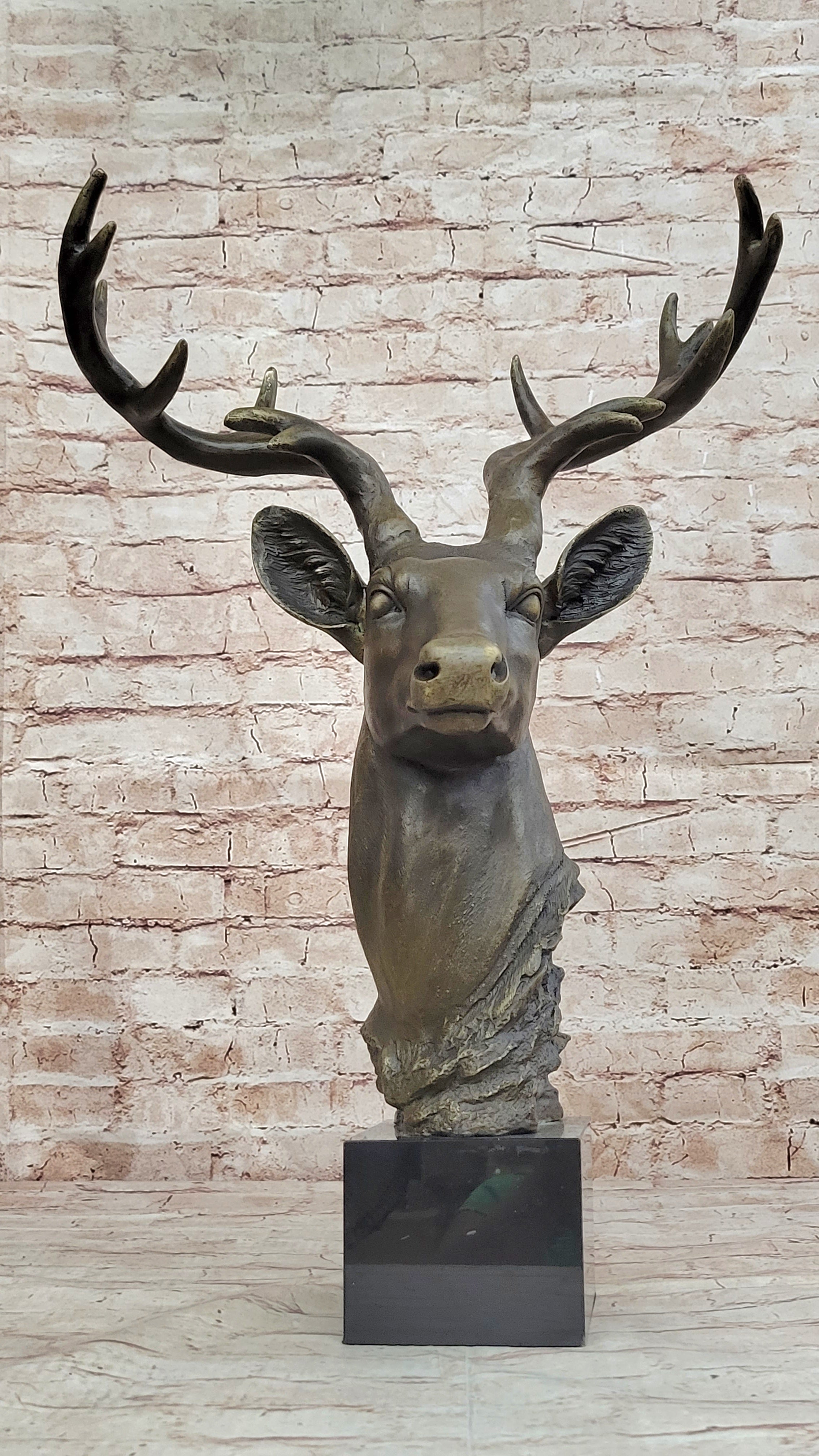 Stag Buck Deer Elk Head Bust Bronze Sculpture Statue on Marble Base