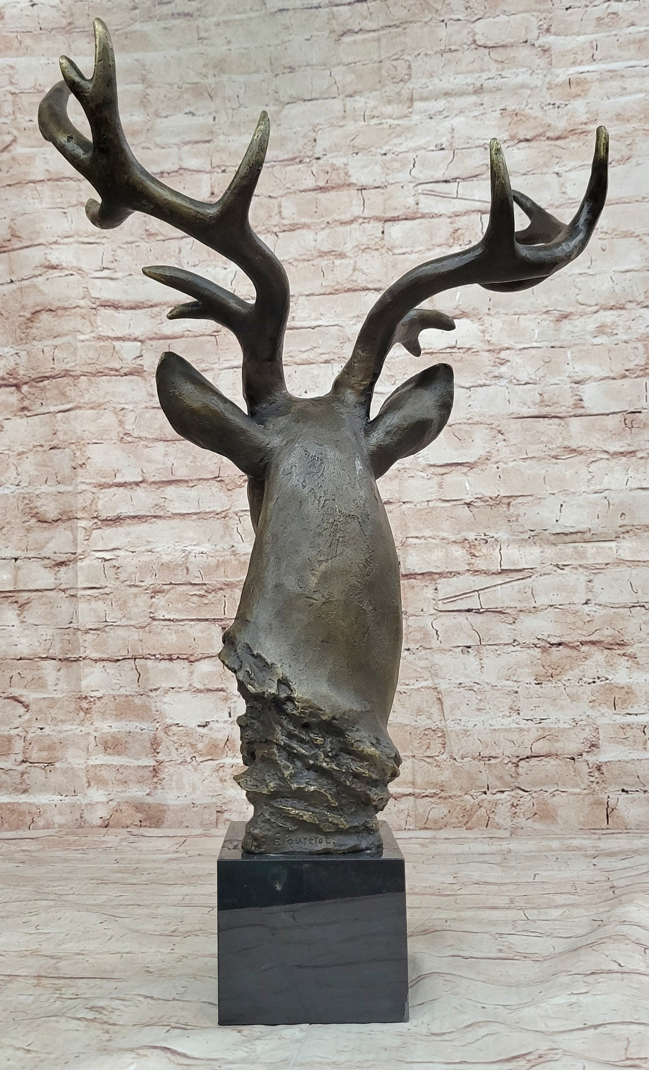 Stag Buck Deer Elk Head Bust Bronze Sculpture Statue on Marble Base