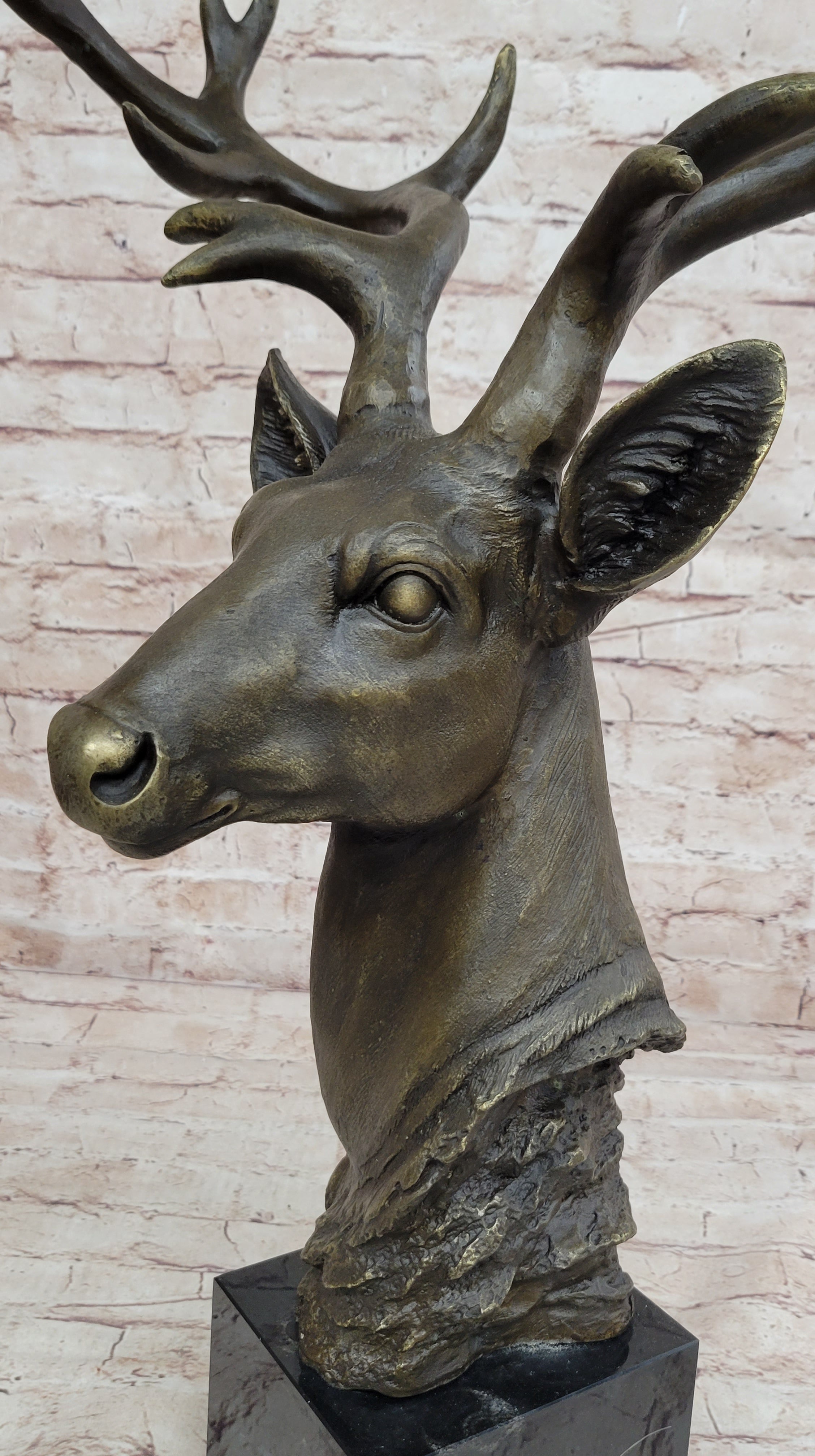 Stag Buck Deer Elk Head Bust Bronze Sculpture Statue on Marble Base