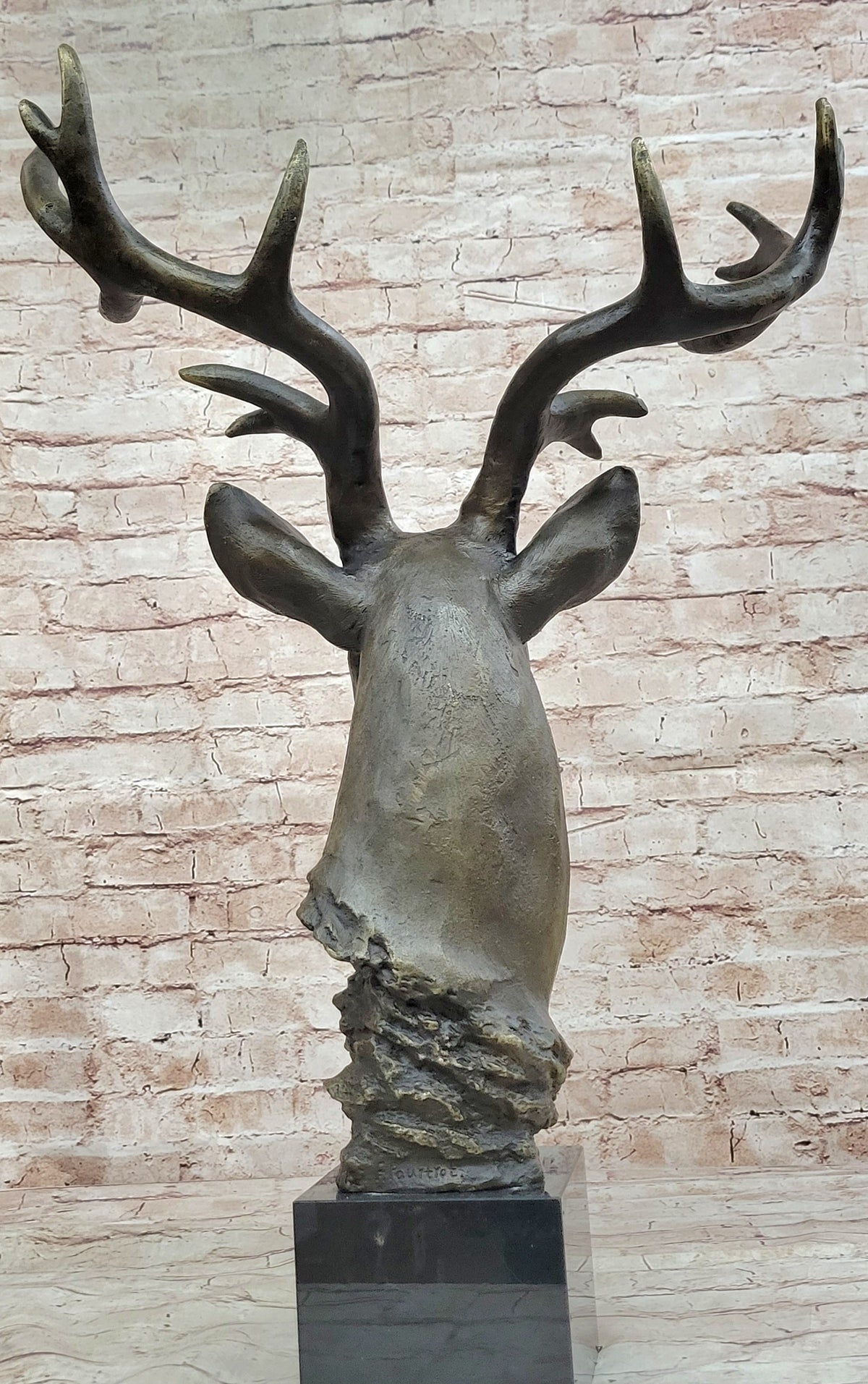 Stag Buck Deer Elk Head Bust Bronze Sculpture Statue on Marble Base