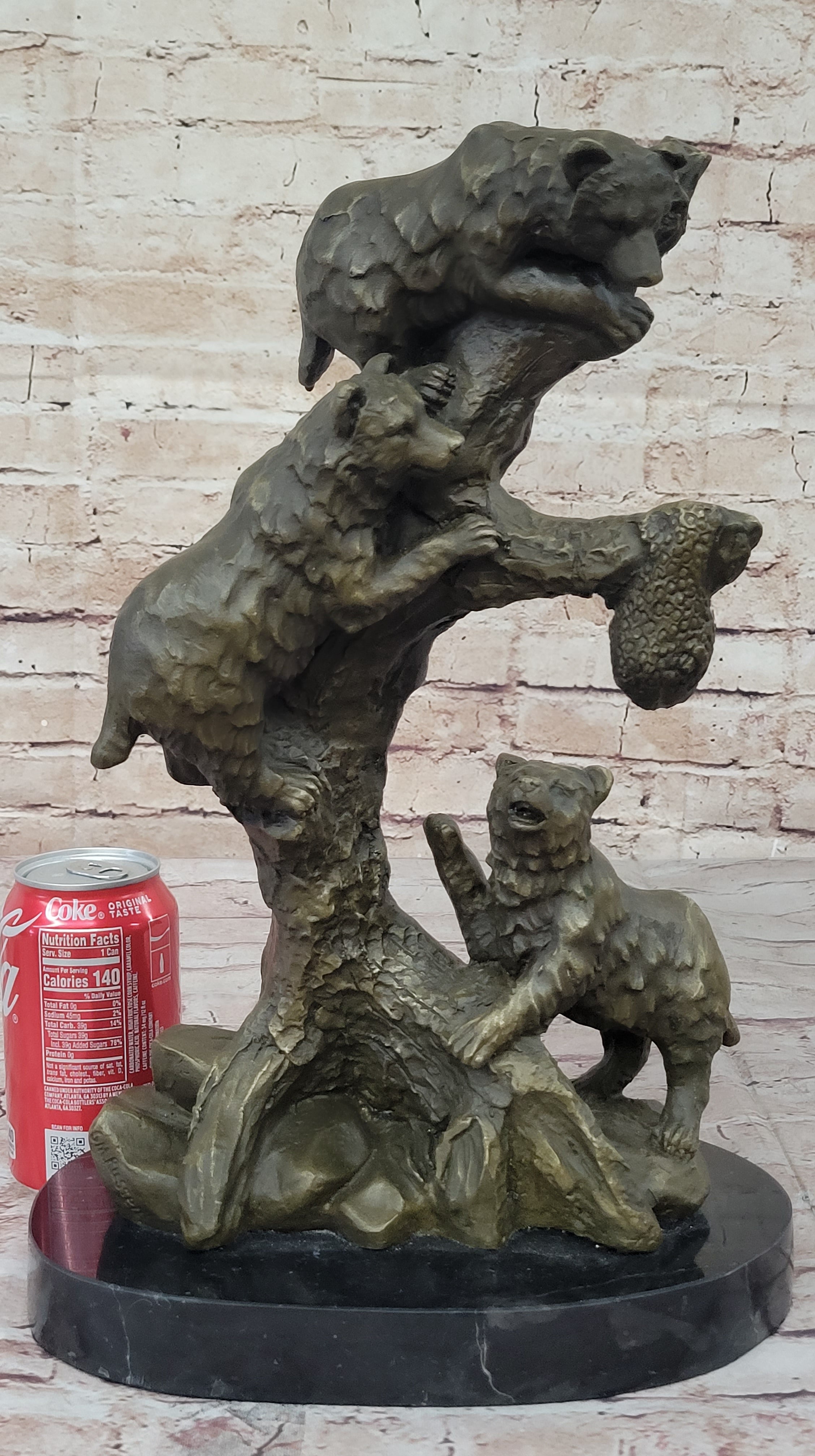 Bear Family Looking for Honey Bronze Statue Sculpture Art Decor Marble Base